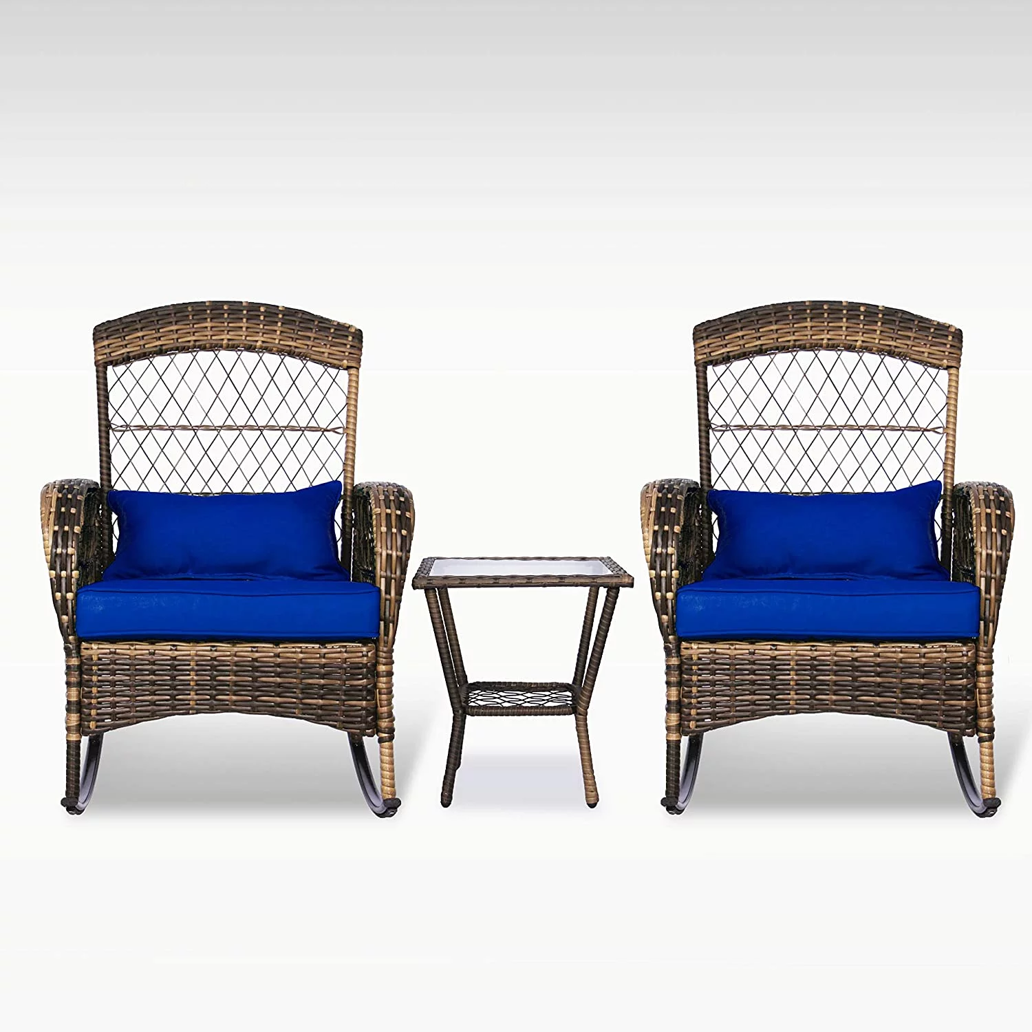 3 Pieces Patio Conversation Set w/ 2 Rattan Wicker Rocking Chairs and Glass Table for Garden Backyard Lown Porch (Green)