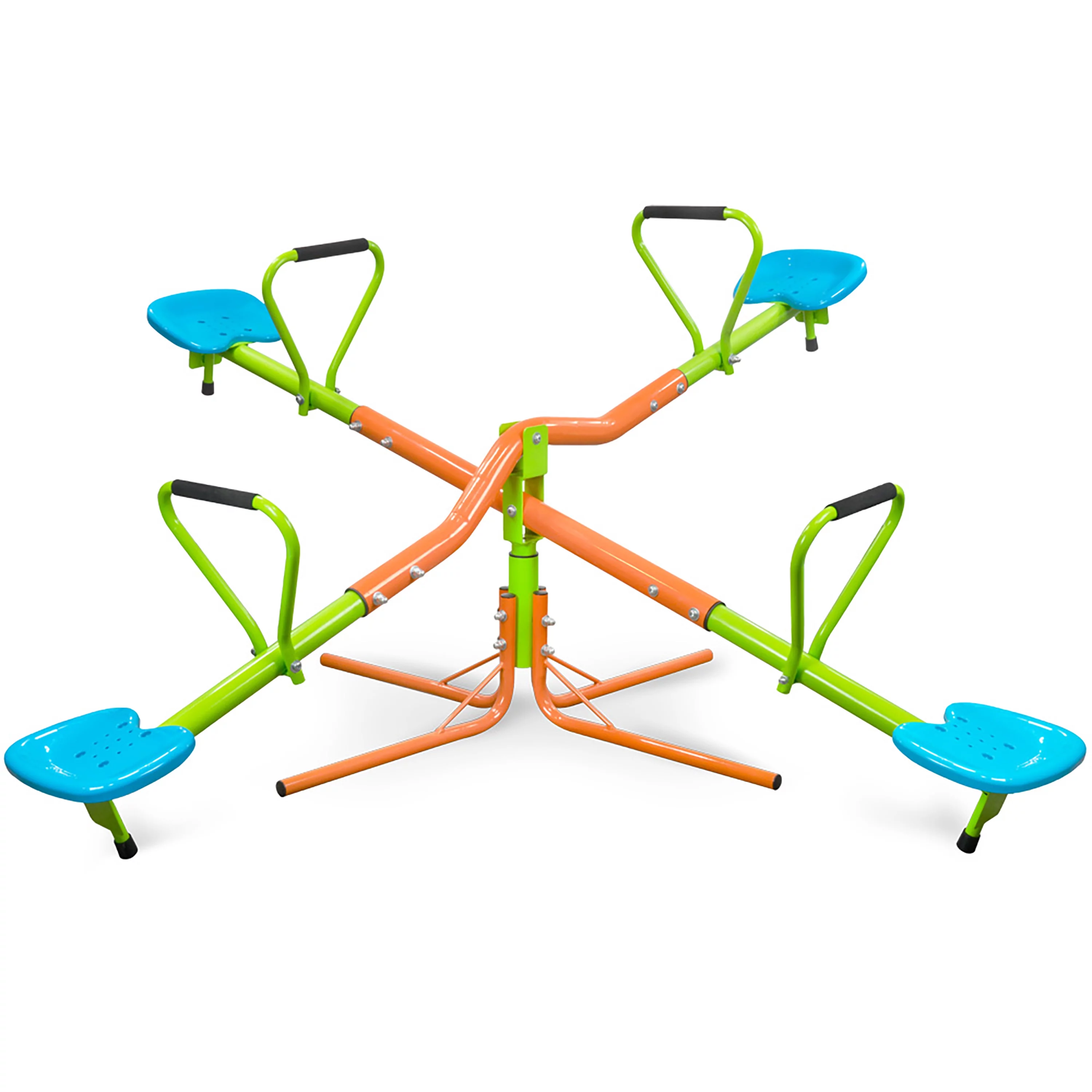 GIKPAL Kids Seesaw, Four Seats Teeter Totter, 360 Degree Rotating Sturdy Plastic Seat Outdoor Playground Equipment, Blue and Green, for Kids Age 3+