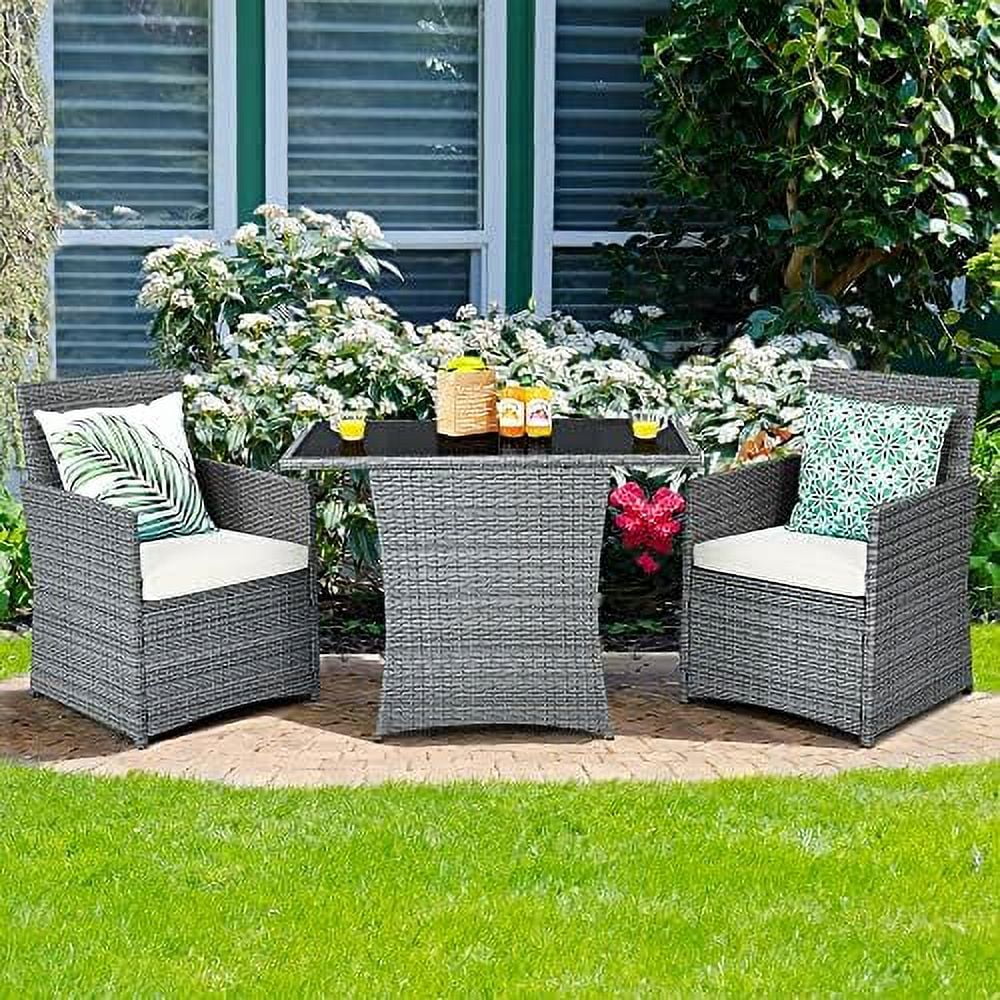 LNSETGC 3 Pieces Patio Rattan  Set  Outdoor Wicker Conversation Set with Sponge and Coffee Table  Cushioned Dining Bistro Chair Set for Patio Garden Backyard Pool  White