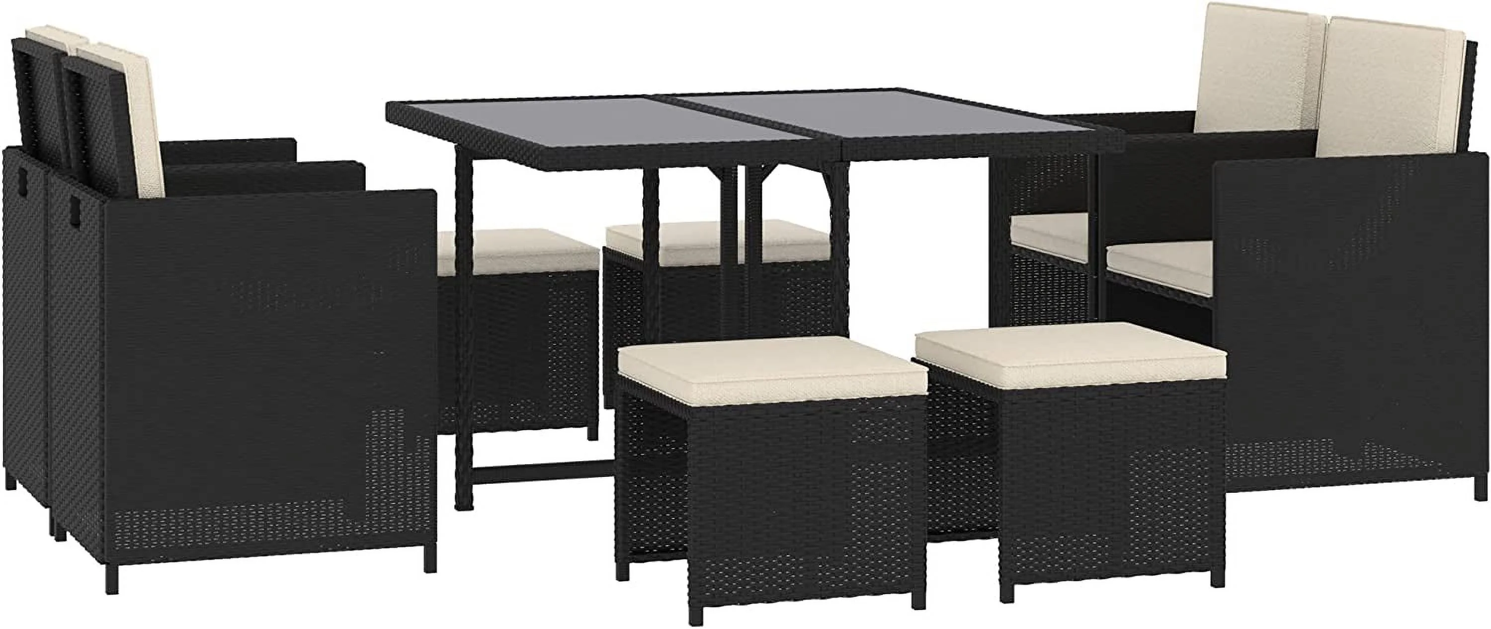 9 Piece Patio Wicker Dining Sets  Space Saving Outdoor Sectional Conversation Set  with Dining Table  Ottoman and Chair & Cushioned for Lawn Garden Backyard  Black