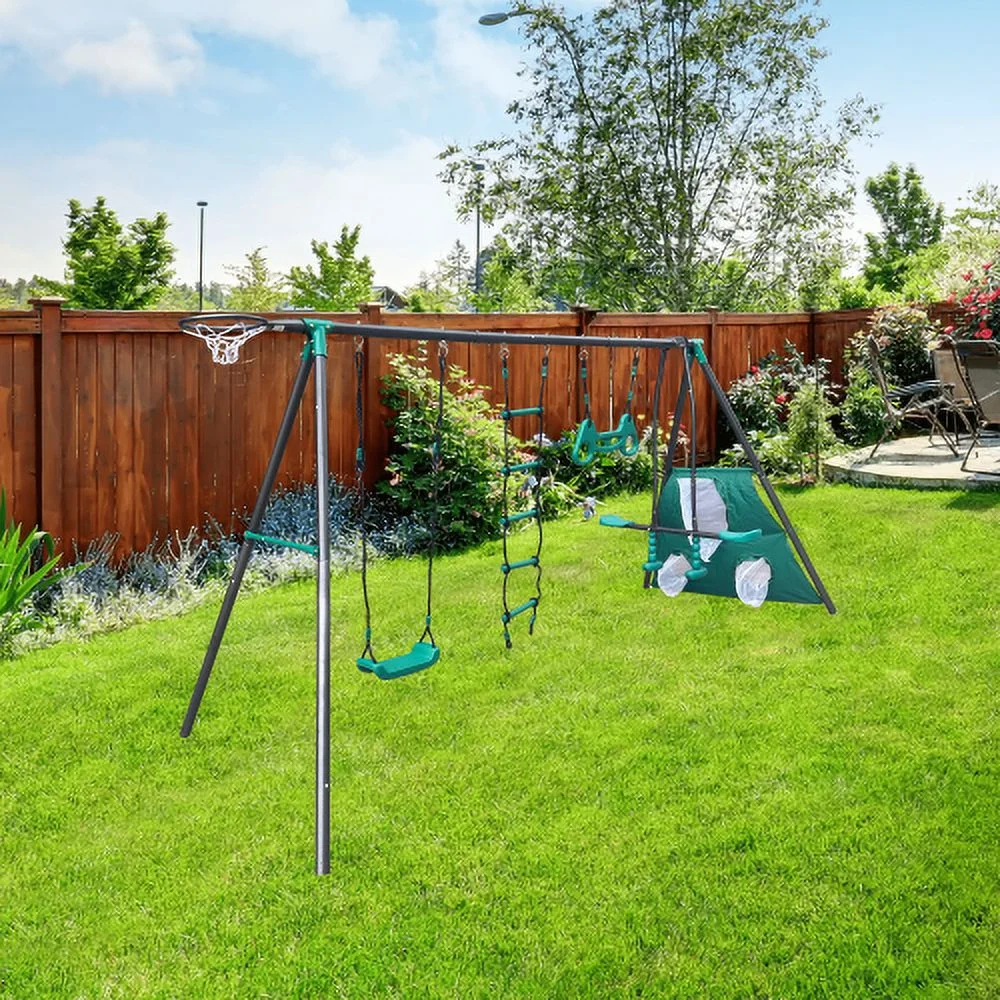 Buumin XNS076 blackish green interesting four function swingset with face to face metal plastic safe swing seat 550lbs for outdoor playground for age 3+ WL