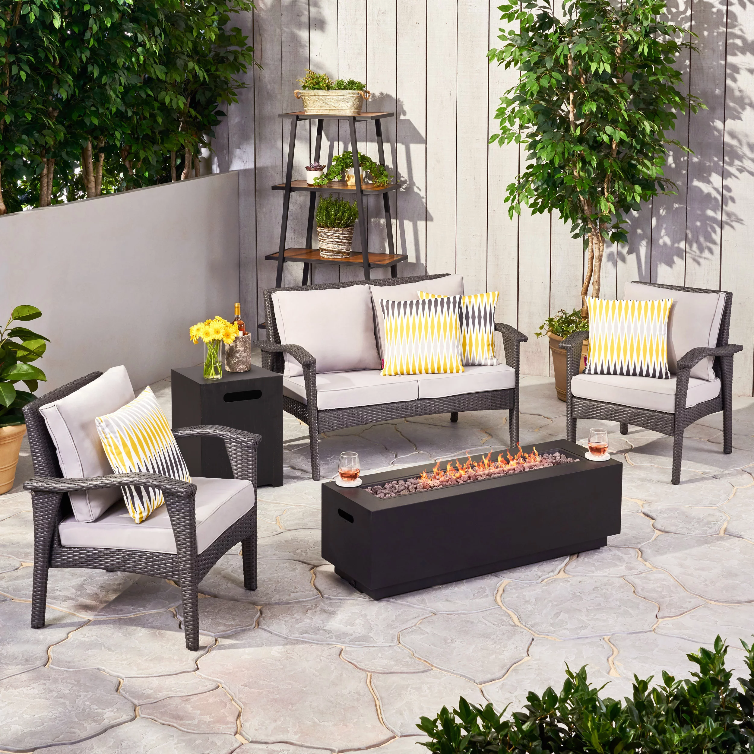 GDF Studio Houlihan Outdoor Wicker 4 Seater Chat Set with Fire Pit, Gray, Light Gray, and Dark Gray