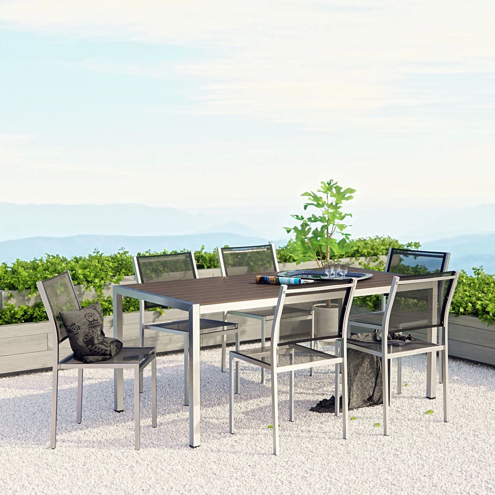 Modern Contemporary Urban Design Outdoor Patio Balcony Seven PCS Dining Chairs and Table Set, Black, Aluminum