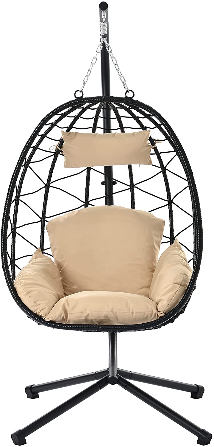 Indoor Outdoor Hanging Egg Chair with Stand, Wooden Swing Hammock for Patio Porch Backyard