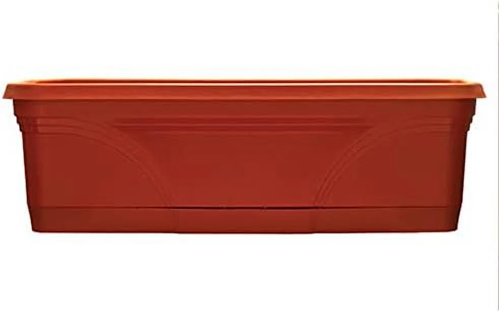 36 Inch Rectangular Plastic Medallion Hanging Windowsill And Garden Box Planters With Drainage Holes, Terracotta (2 Pack)
