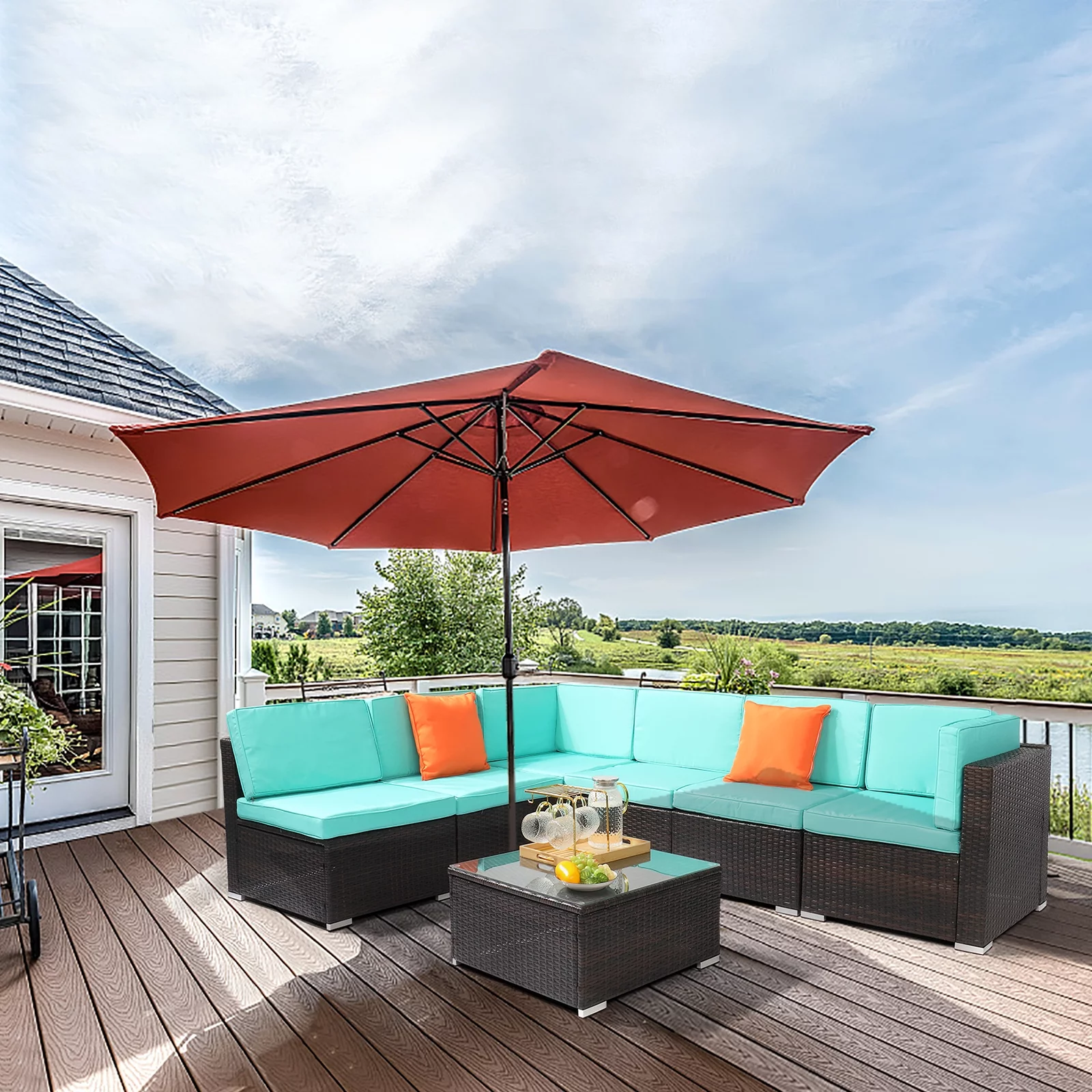 Rattan Patio Furniture Set with Lake Blue Cushions - 7 Piece Outdoor Dining Set