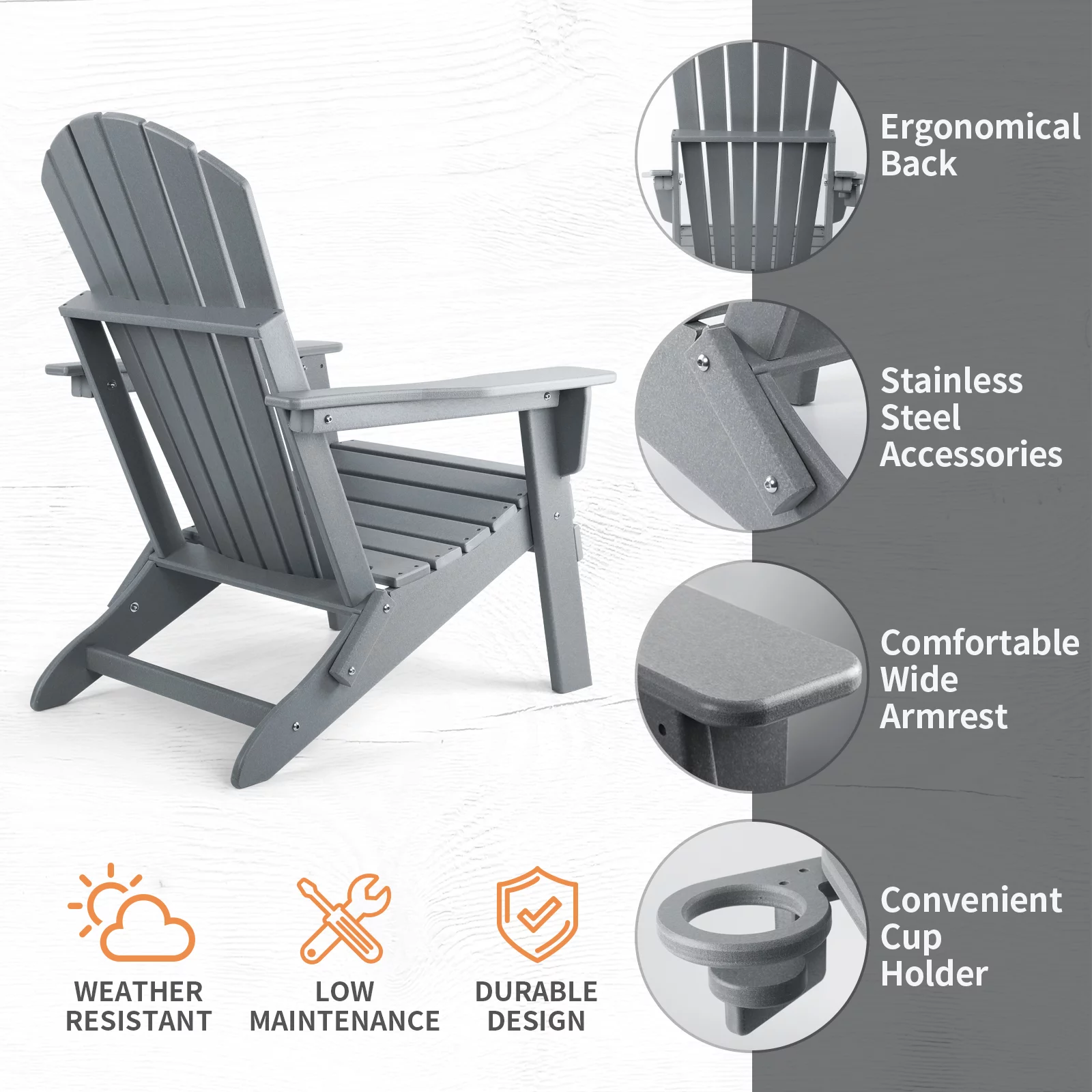 PAOLFOX Patio Folding Adirondack Chair with Cup Holder, Gray