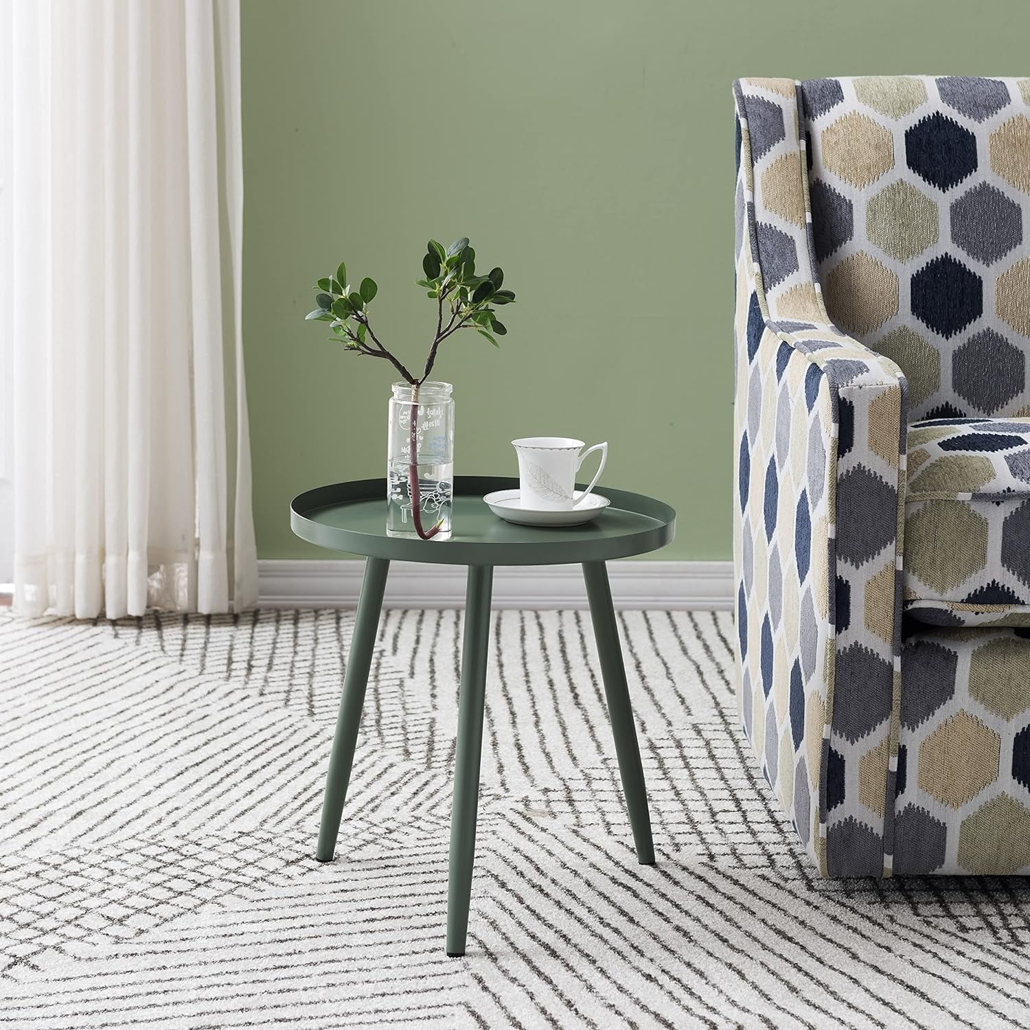 Round Metal Side End Table, Nightstand Accent Table, Pedestal Plant Stand for Bedroom Living Room, Green