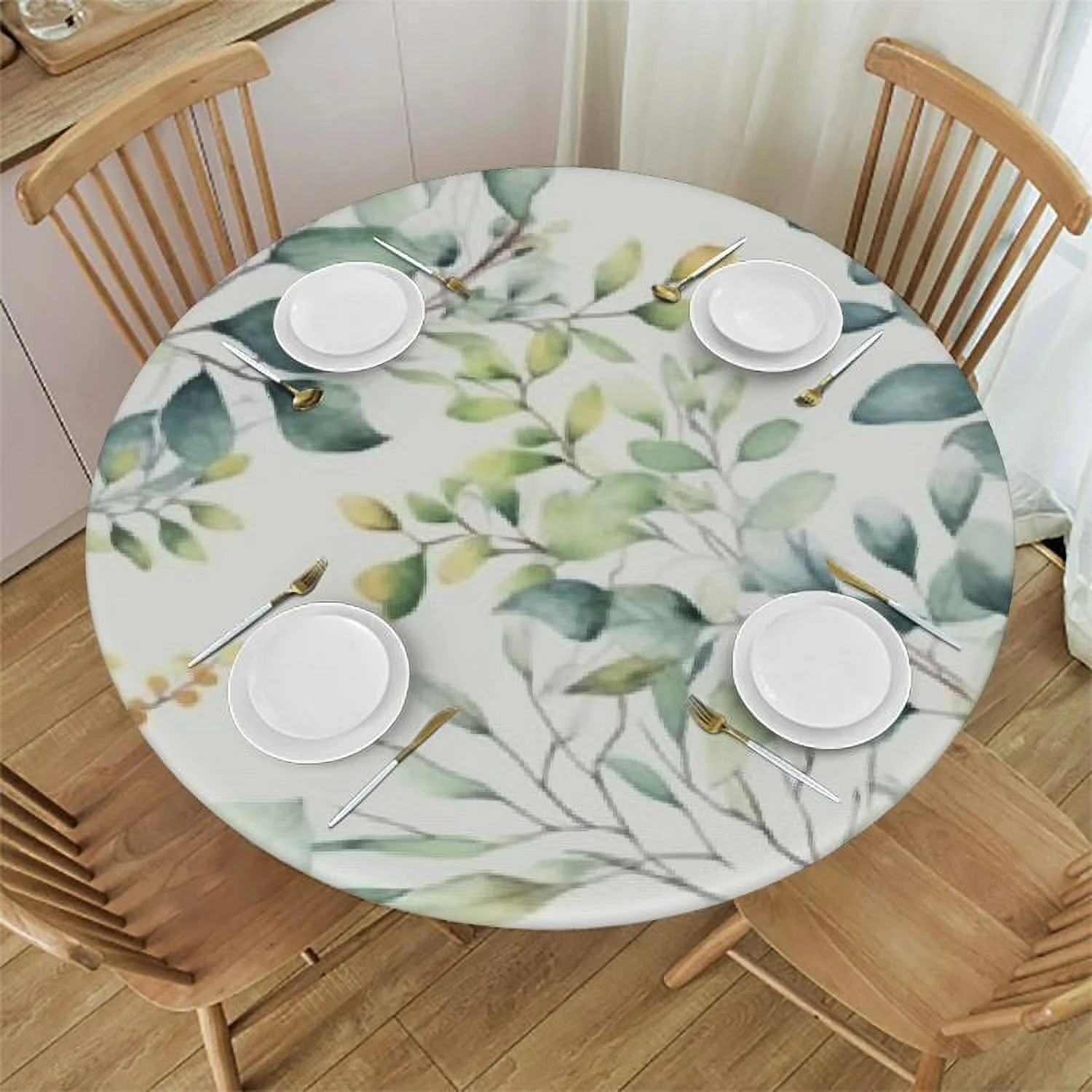Ulloord  Round Table Cloth Watercolor Green Leaf Tablecloth Elastic Edge Fitted Table Cover Leaves Fits Tables