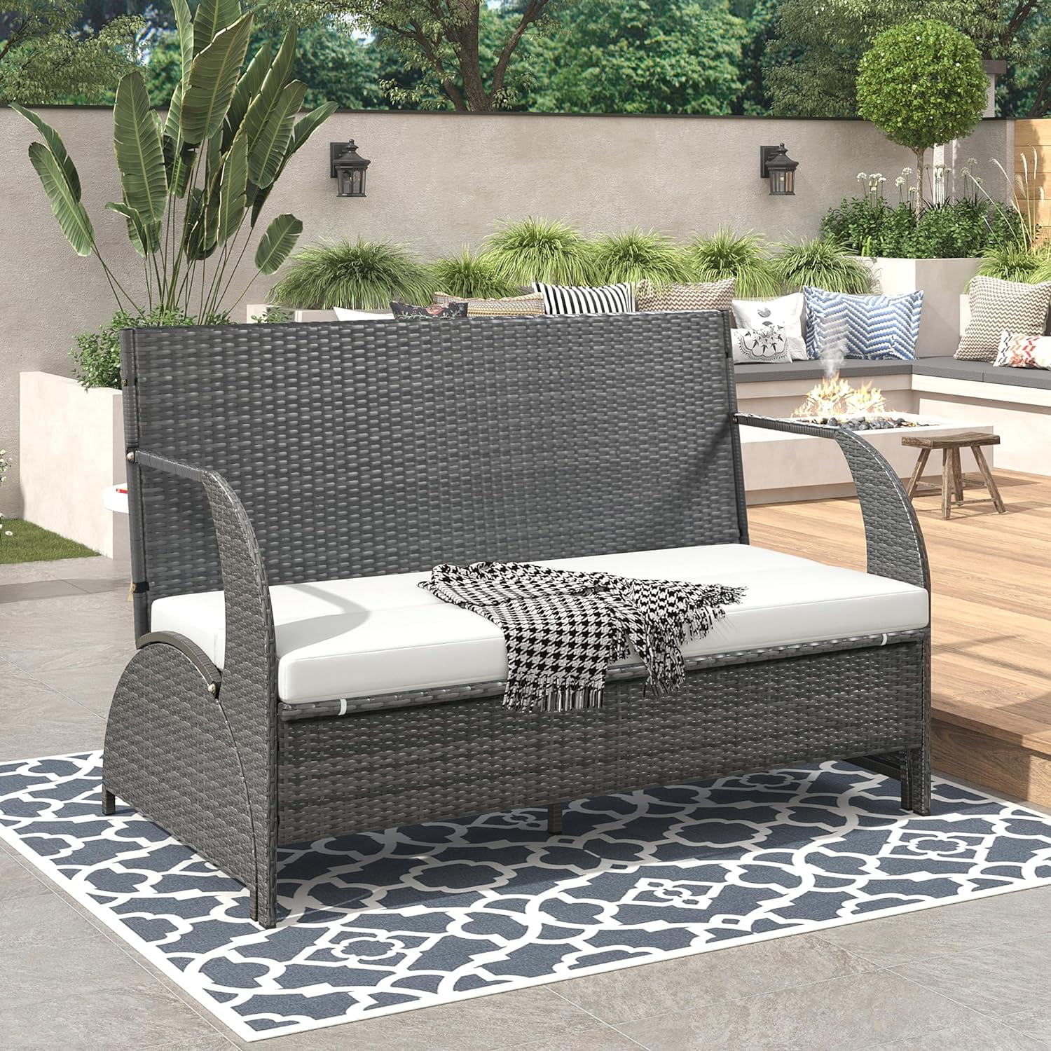 Dina Patio Loveseat Woven Rattan Outdoor Furniture with Cushions  Patio Conversation Set Outdoor Loveseat and Convertible to 4 Seats and a Table  Modern Patio Dining Set for Backyard (Bei