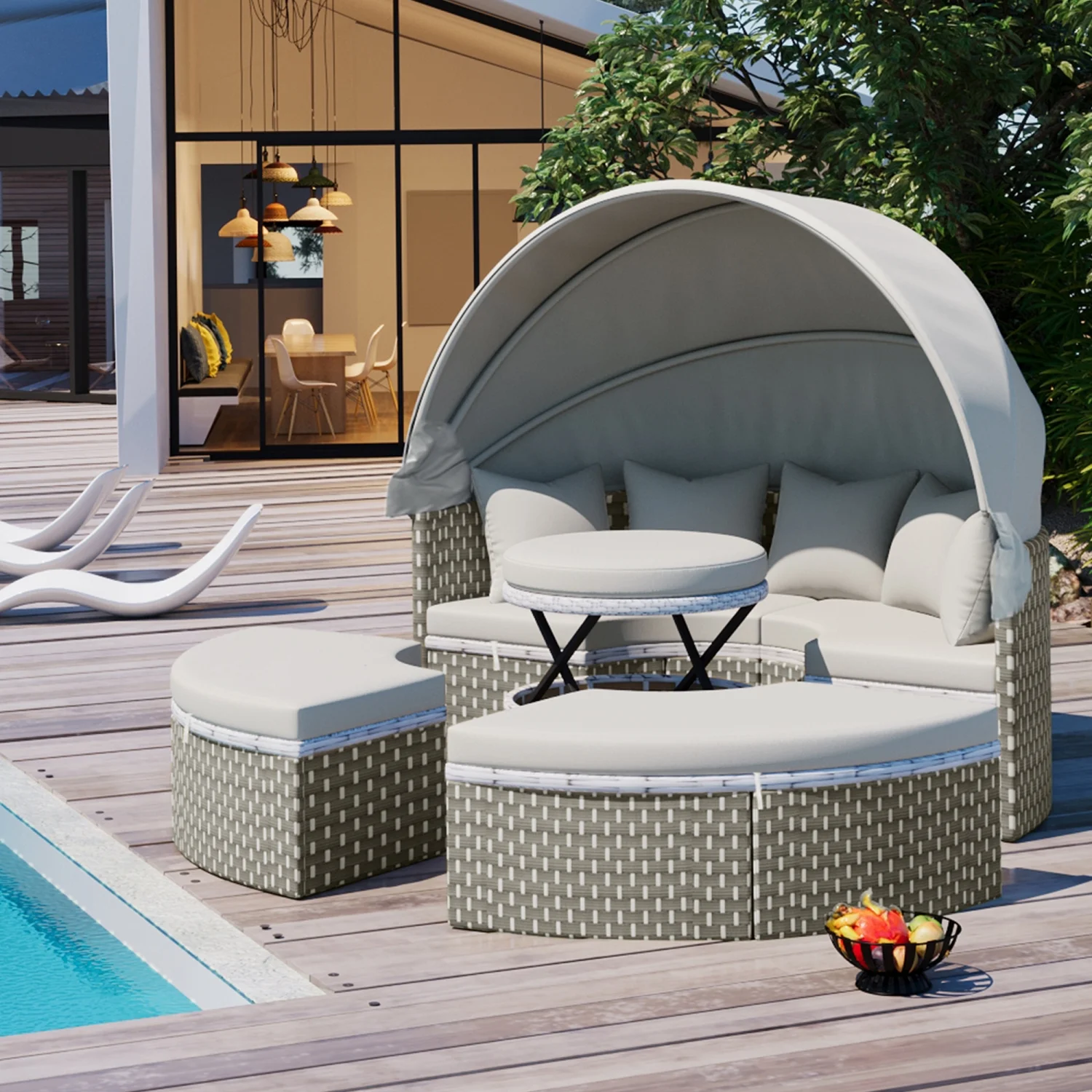 TOPMAX Patio Furniture Round Outdoor Sectional Sofa Set Rattan Daybed Two-Tone Weave Sunbed with Retractable Canopy  Separate Seating and Removable Cushion  Gray