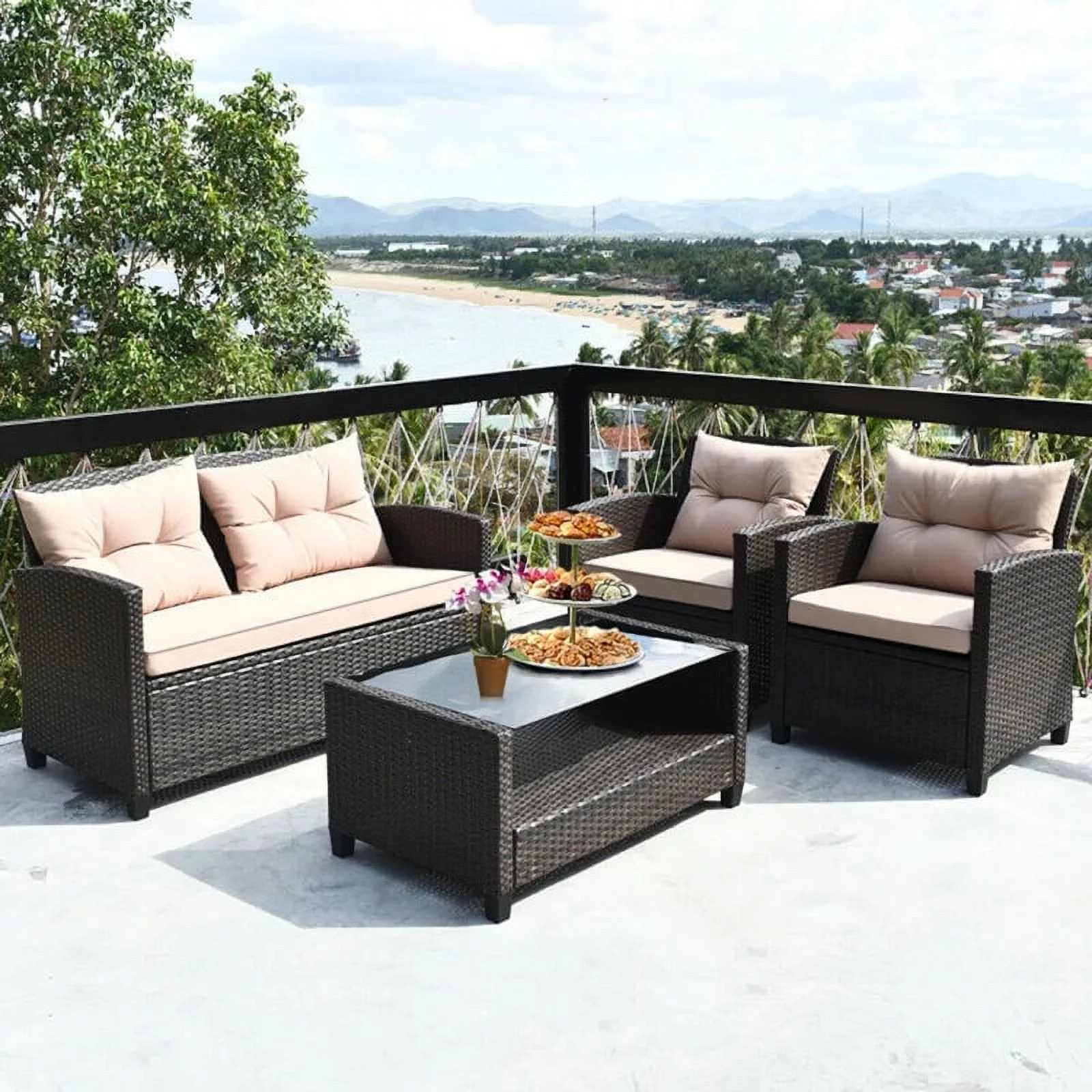 4 Pieces Patio Rattan Conversation Furniture Set with Glass Top Coffee Table Garden Outdoor Sets