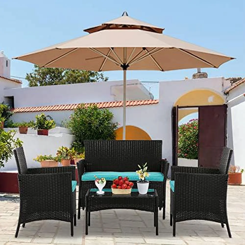 CGFHYP 4 Pieces Patio  Set Conversation Chairs  Outdoor Wicker Patio Set with Table Patio Seating Rattan Patio Sofa for Balcony Backyard Front Porch Decor Set with Cushion Seat  Blue