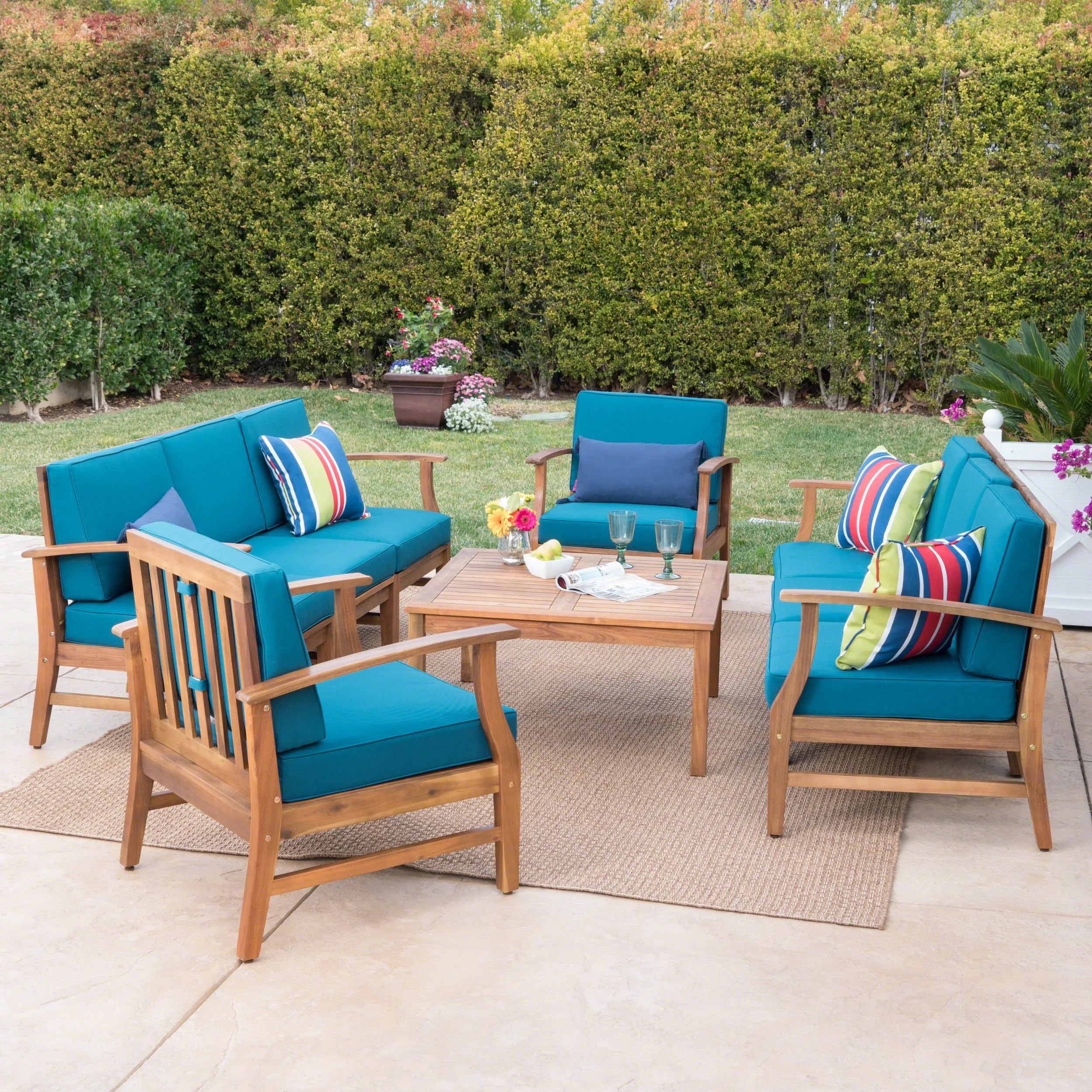 Peacock Outdoor 8 Seater Finished Acacia Wood Double Sofa and Club Chair Set with Cushions, Teak, Blue