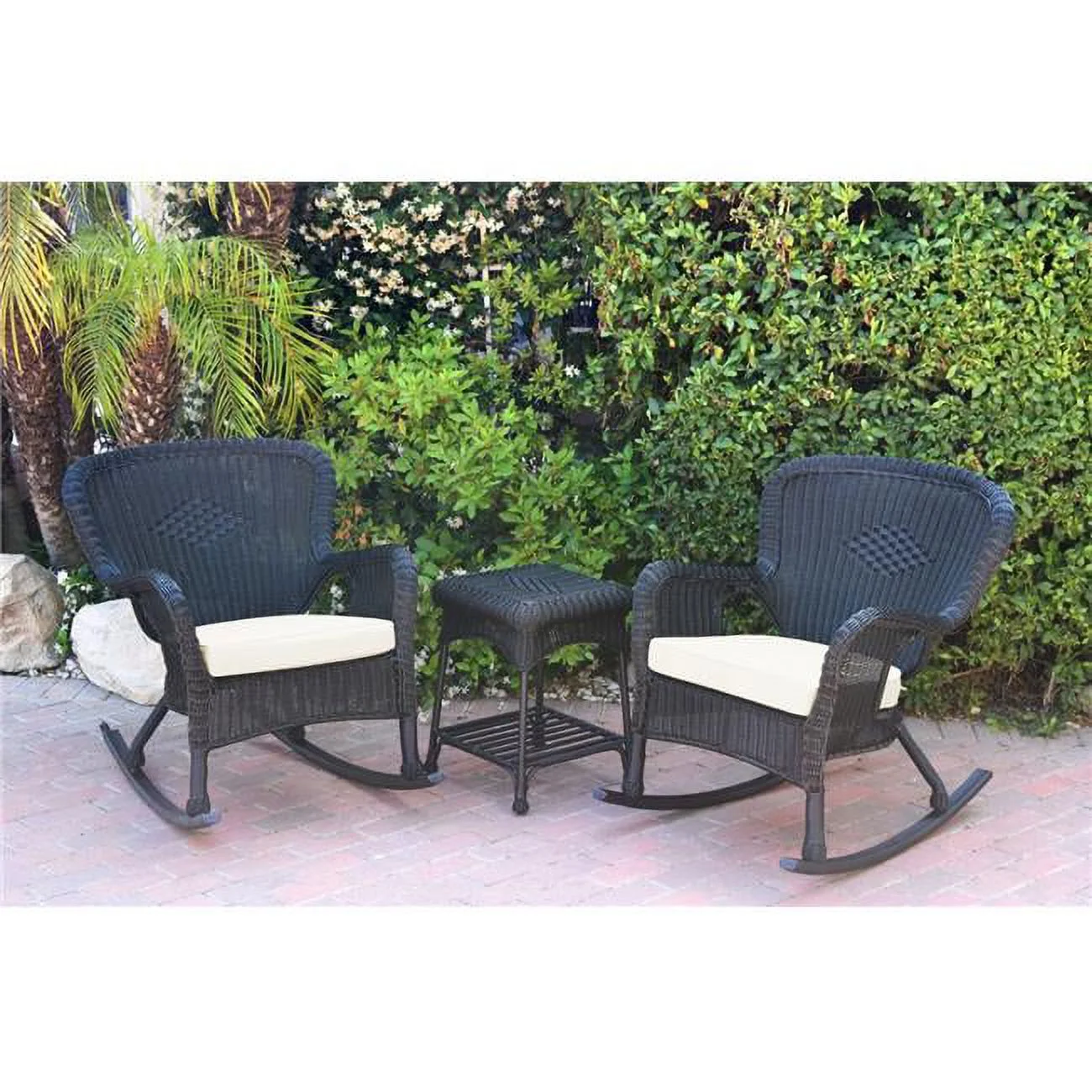 W00214-2-RCES001 Windsor Black Wicker Rocker Chair & End Table Set with Ivory Chair Cushion