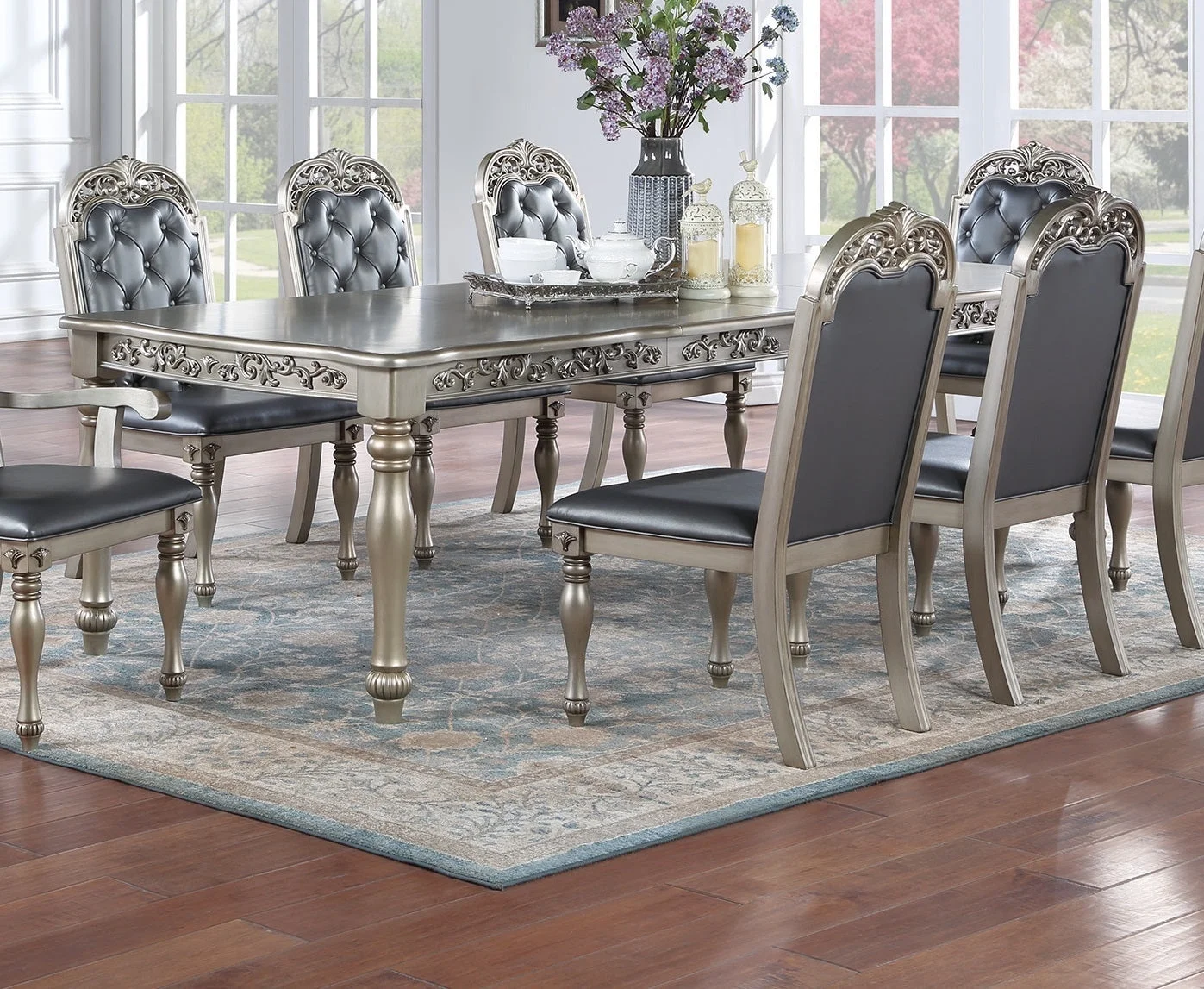Hampton 9 pc Dining Set Table 2x Arm Chairs 6x Side Chairs - Gray+Silver