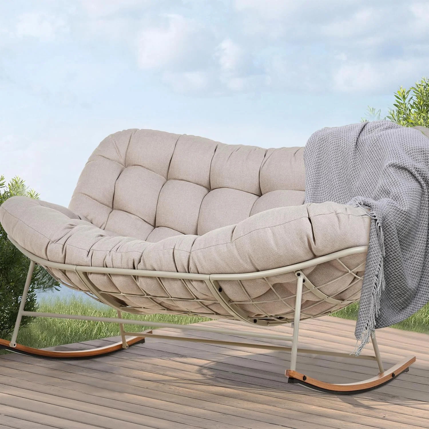 Grand Patio Double Rocking Chair, Outdoor Oversized Rocking Papasan Chair with Padded Cushion for Patio, Porch, Living Room, Apricot