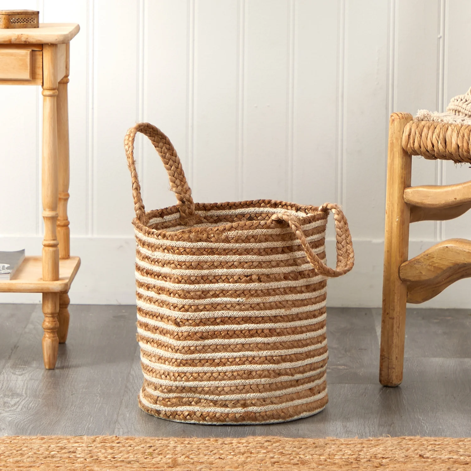 HomeStock 14In. Modern Marvel Basket Planter Cotton And Jute, Handwoven Stripe With Handles