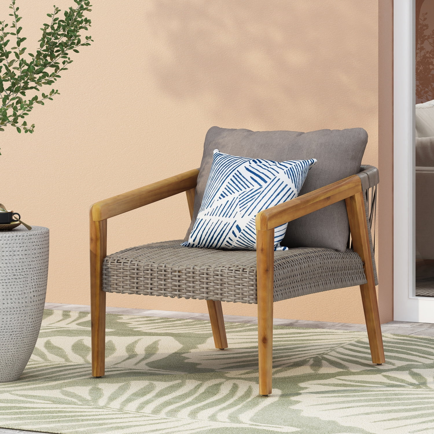 Teak/Gray Outdoor Acacia Wood Club Chairs with Plush Cushions for Luxurious Patio Relaxation