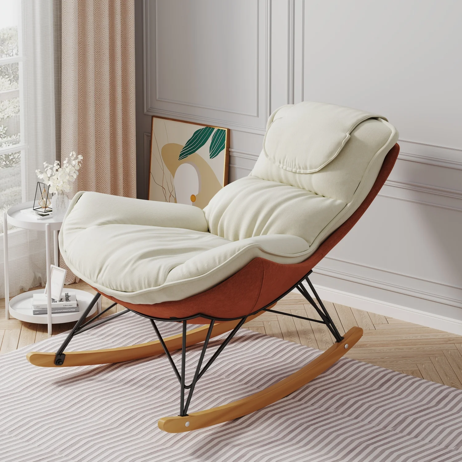 Luxury Comfortable Beige Light Single Rocking Chair for Ultimate Relaxation in Balcony. Detachable Washable Seat Cushion. Ideal for Unwinding After a Long Day in Leisure Area.