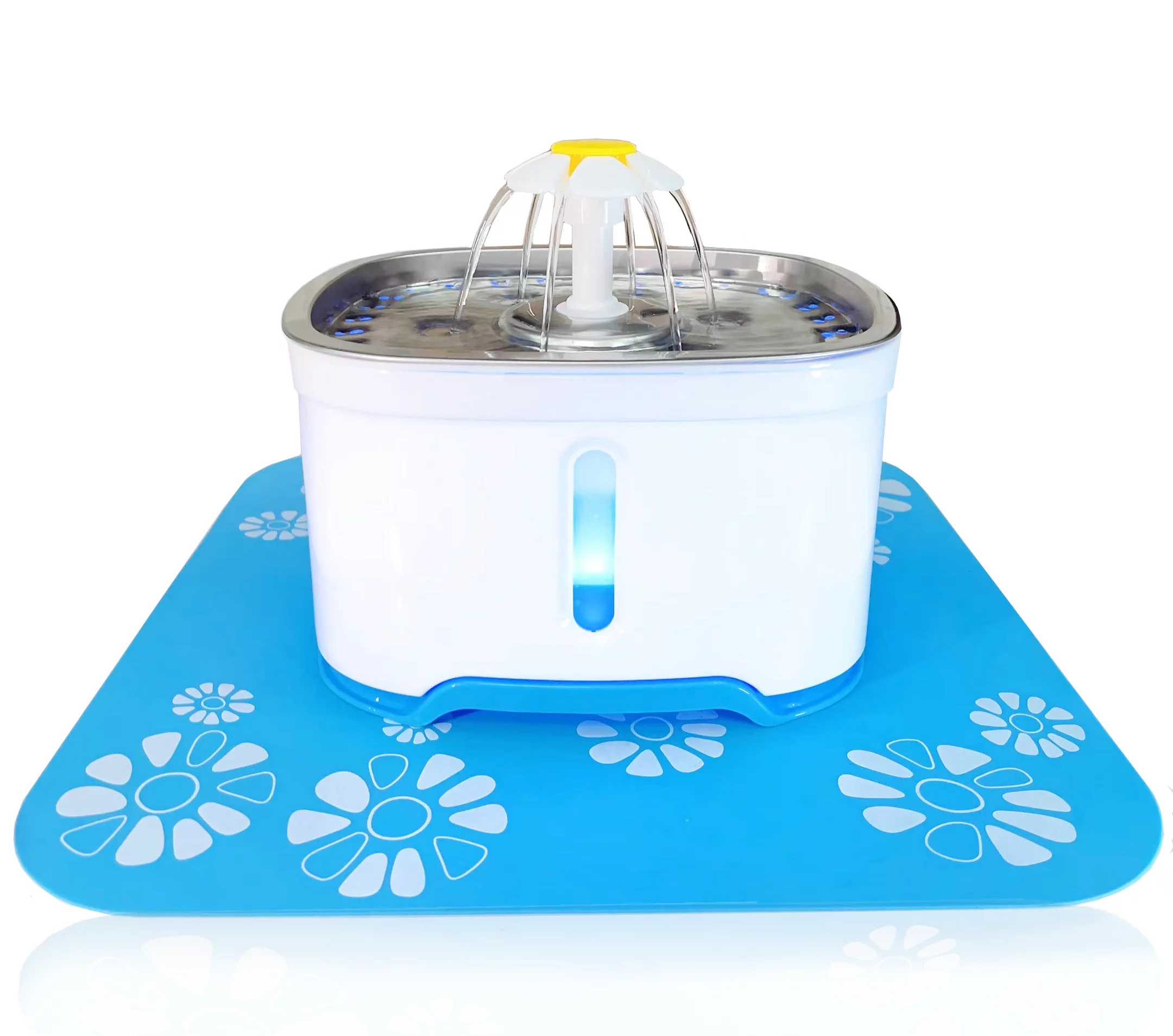 Silicone Pad for Pet Water Fountains, 13.4 inch Large Size Silicone Dog Cat Bowl Mat Waterproof Non-Slip Non-Stick Lovely Flowers Pattern Pad Safe for Dogs Cats Birds (Blue, Square)