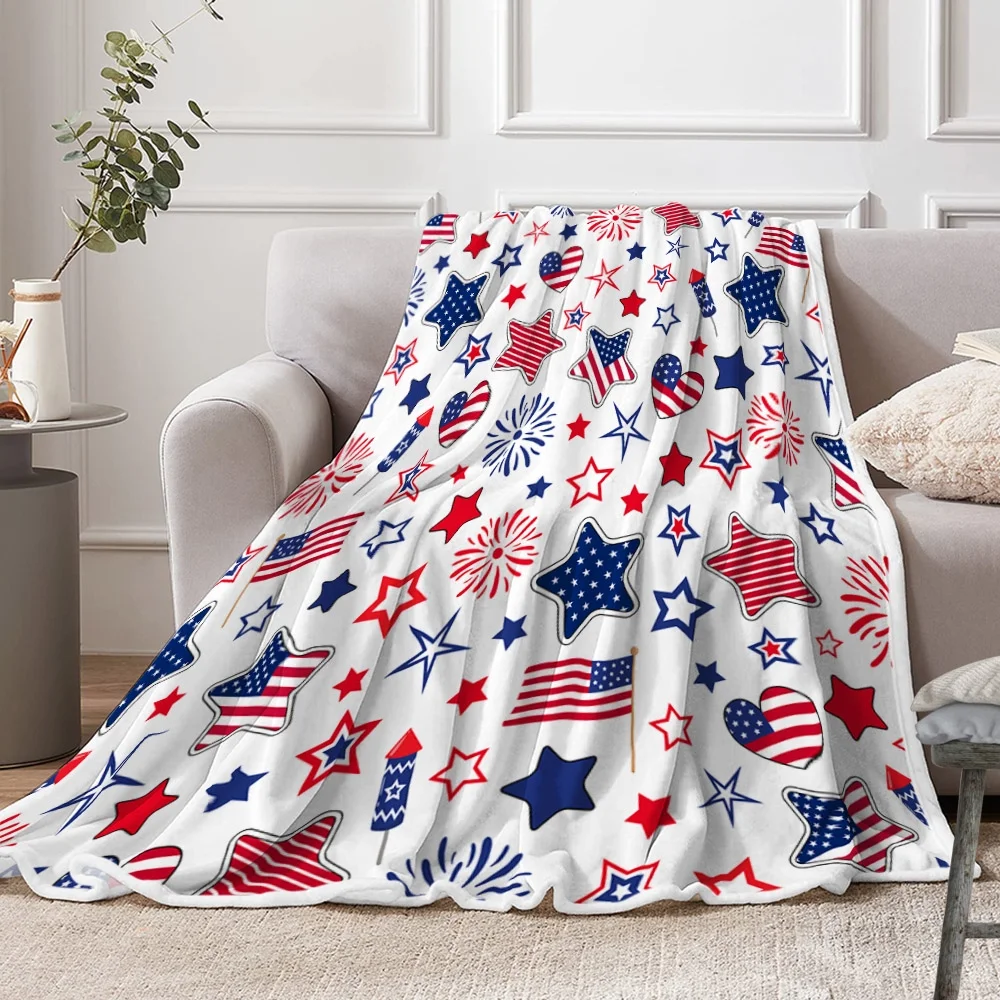 July 4th Party Throw Blanket Blue Blanket Flannel Bed Blanket American USA Flag Day Theme Blue Red Stars Lightweight Throw Blanket for Couch Sofa-Independence Day Collection
