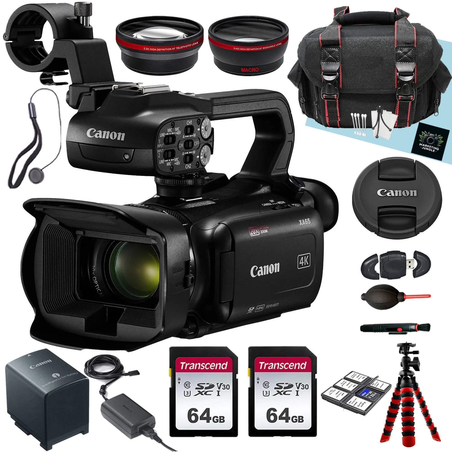 Canon XA65 Professional UHD 4K Camcorder + AUX Wide Angle And Telephoto Lens + 2PC 64 GB Memory + Hand Grip Tripod + More (19pc Bundle)