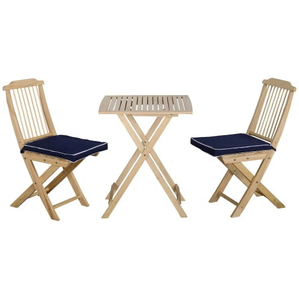 LEIYEHOOM 3 Pieces Patio Folding   Outdoor Pine Wood Table and Chairs Set with Tie-on Cushion & Square Coffee Table  Great for Indoor  Poolside  Garden  Dark Blue