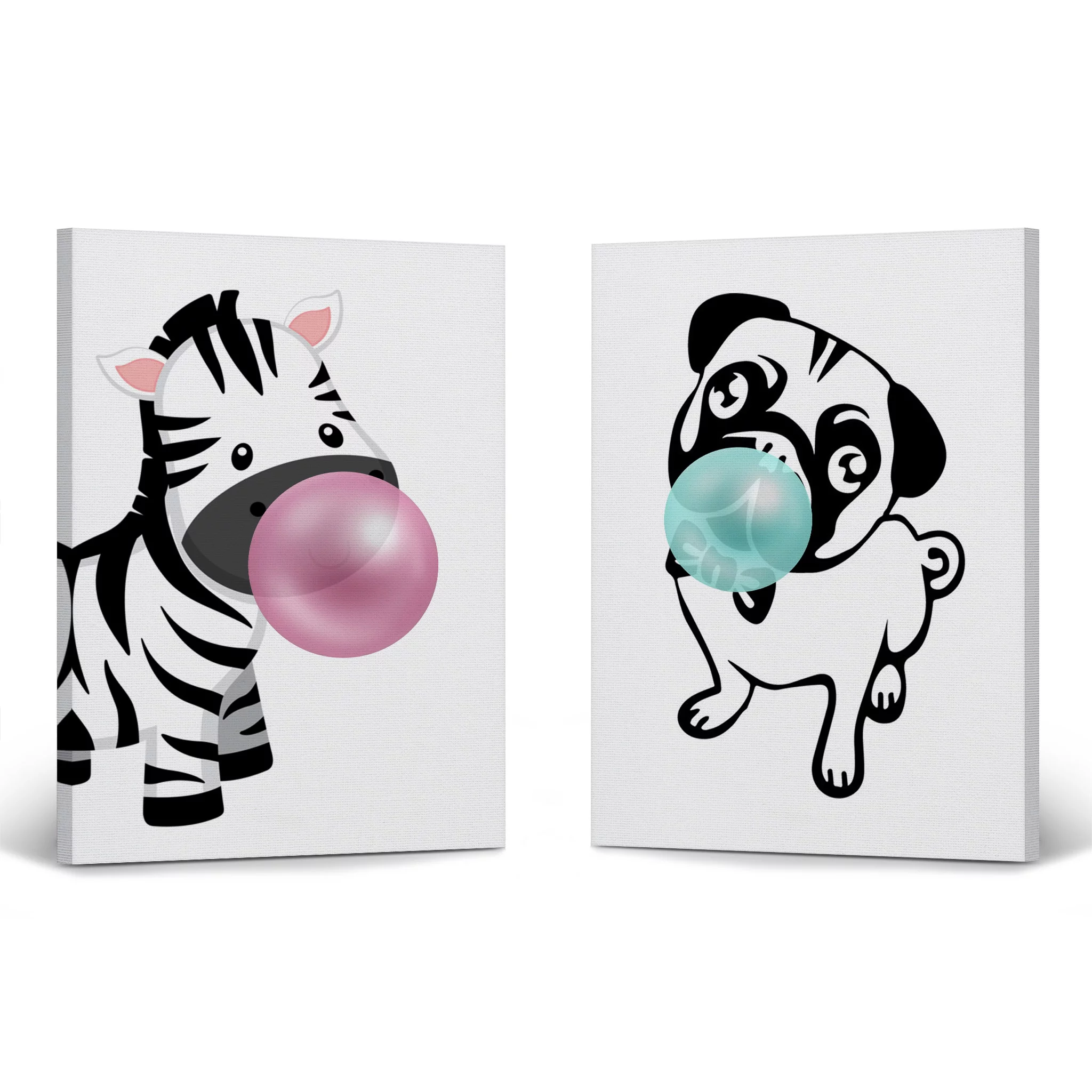 Smile Art Design Cute Puppy and Zebra Animal Bubble Gum Art 2 PANEL CANVAS PRINT SET Pink Gum Black and White Wall Art Home Pop Art Living Room Kids Room Nursery Ready to Hang Made in USA 28x19