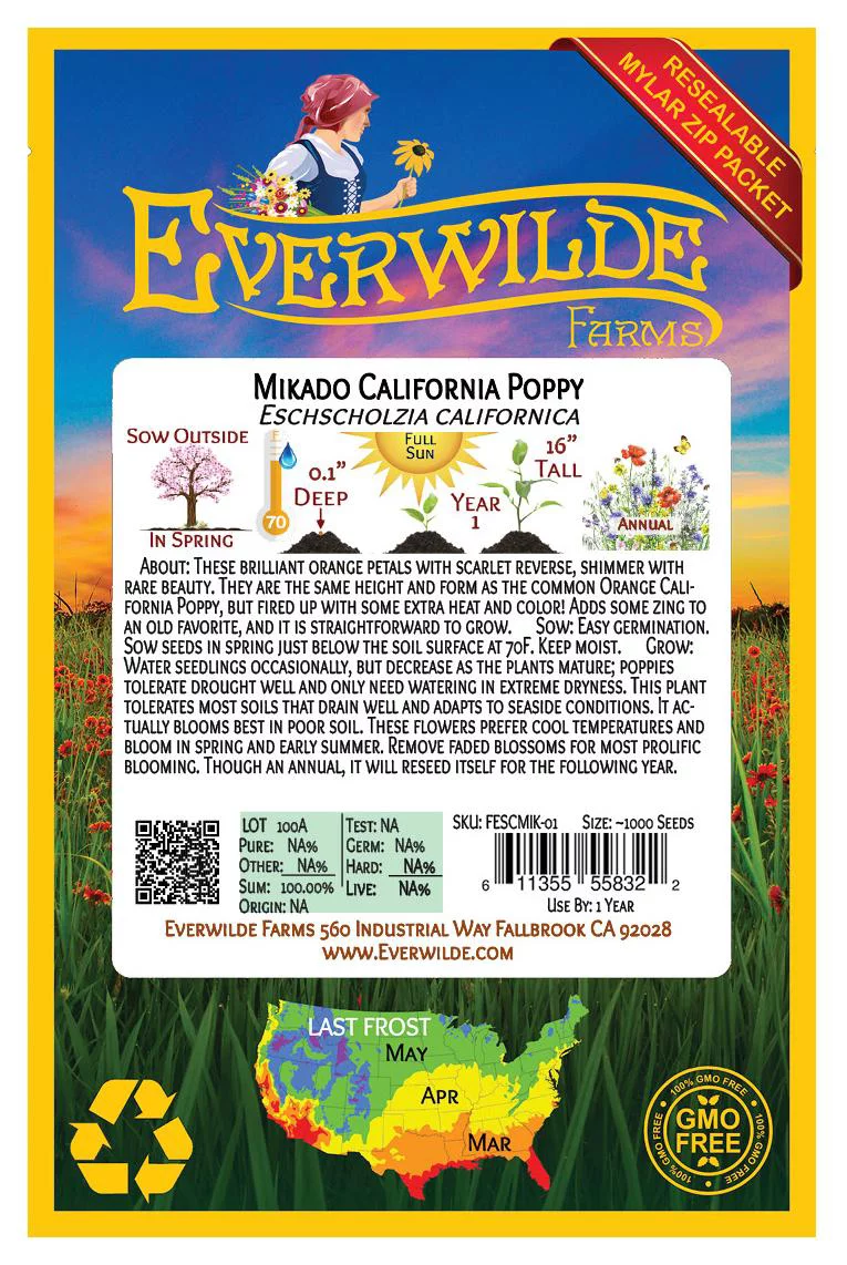 Everwilde Farms - 1000 Mikado California Poppy Garden Flower Seeds - Gold Vault Jumbo Bulk Seed Packet