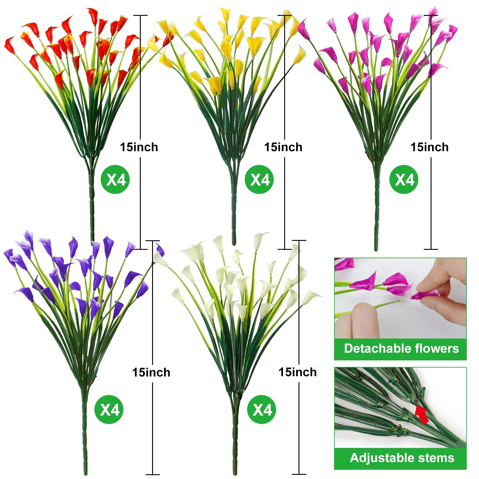20 Bundles Artificial Calla Lily Flowers for Outdoors, UV Resistant Faux Fake Plants Plastic Spring Summer Flower Indoor Outside Hanging Planter Home Garden Porch Decor (Mix)