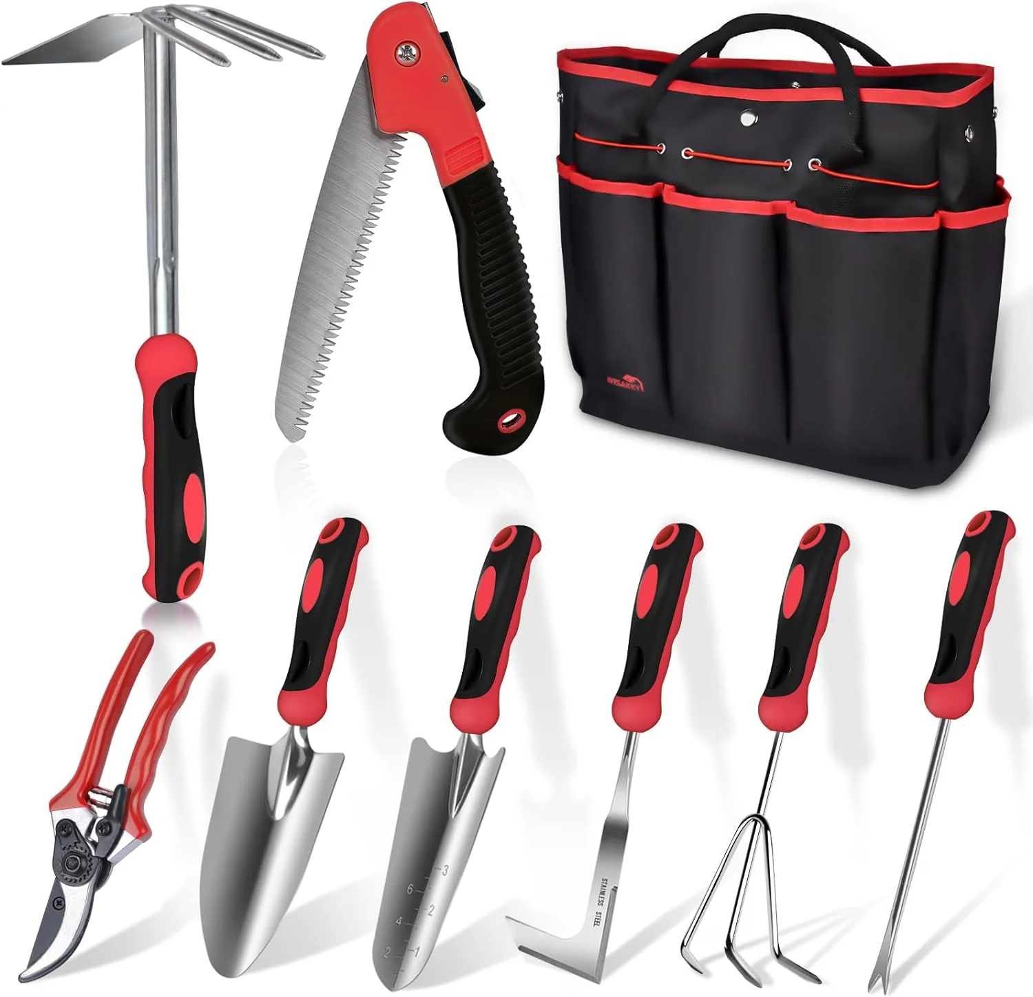 Red Gardening Tools, 9 Piece Stainless Steel Heavy Duty Garden Tools, Red Gardening Hand Tools with Non-Slip Ergonomic Handle, Garden Tote Bag, Gardening kit, Gardening Gifts for Women and Men