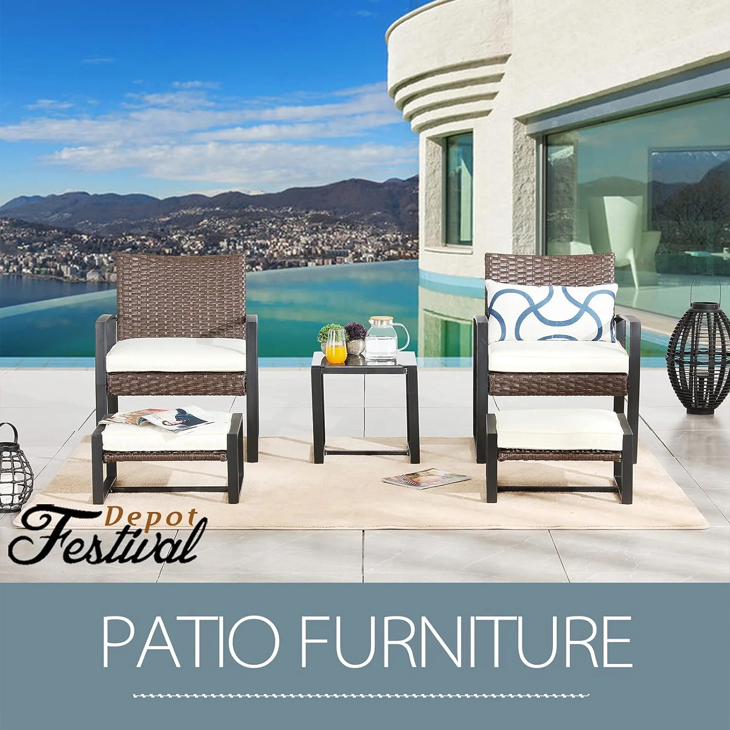 Patio Conversation Set with Rattan Chairs, Ottoman,  Glass Top Side Table |