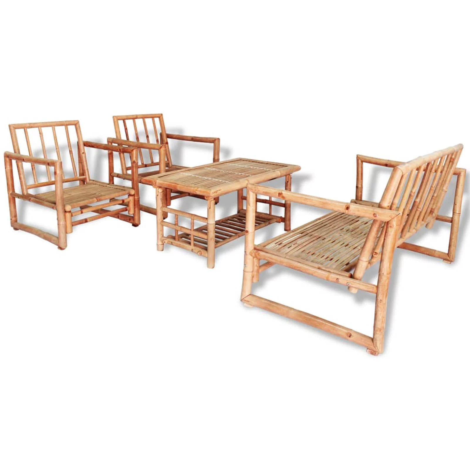 moobody 4 Piece Patio  Set White Cushioned Bench with Table and 2 Chairs and Coffee Table Bamboo Sectional  Furniture Set for Patio, Backyard, Poolside