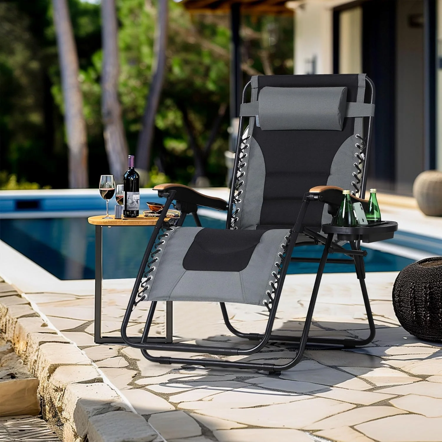 MINGFENG Zero Gravity Chairs, Oversized Patio Recliner Chair, Padded Folding Lawn Chair with Cup Holder Tray, Support 400lbs, Grey