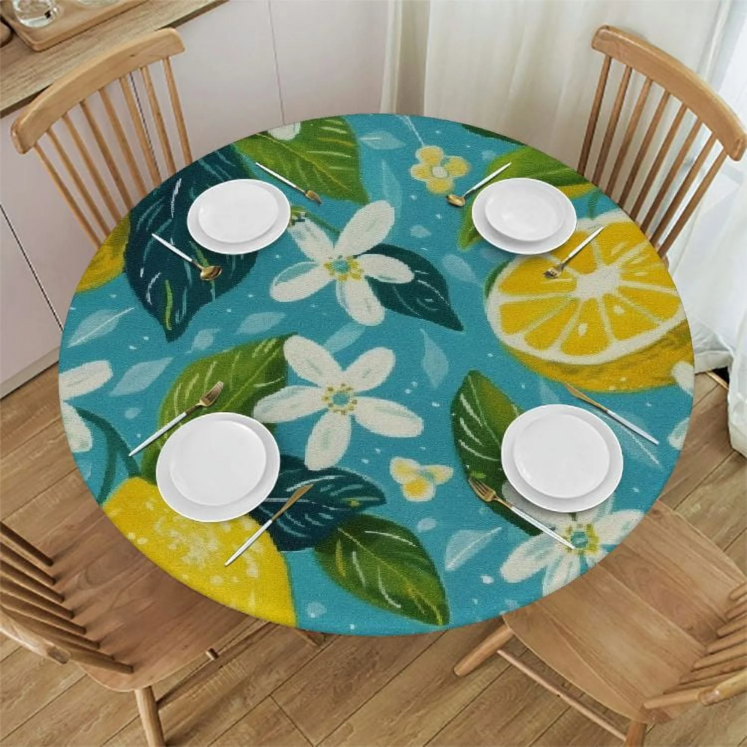 PIKWEEK Lemons Flowers Butterflies Fitted Round Tablecloth Waterproof Table Cloth with Elastic Edge Wipe Clean Table Cover for Indoor Outdoor