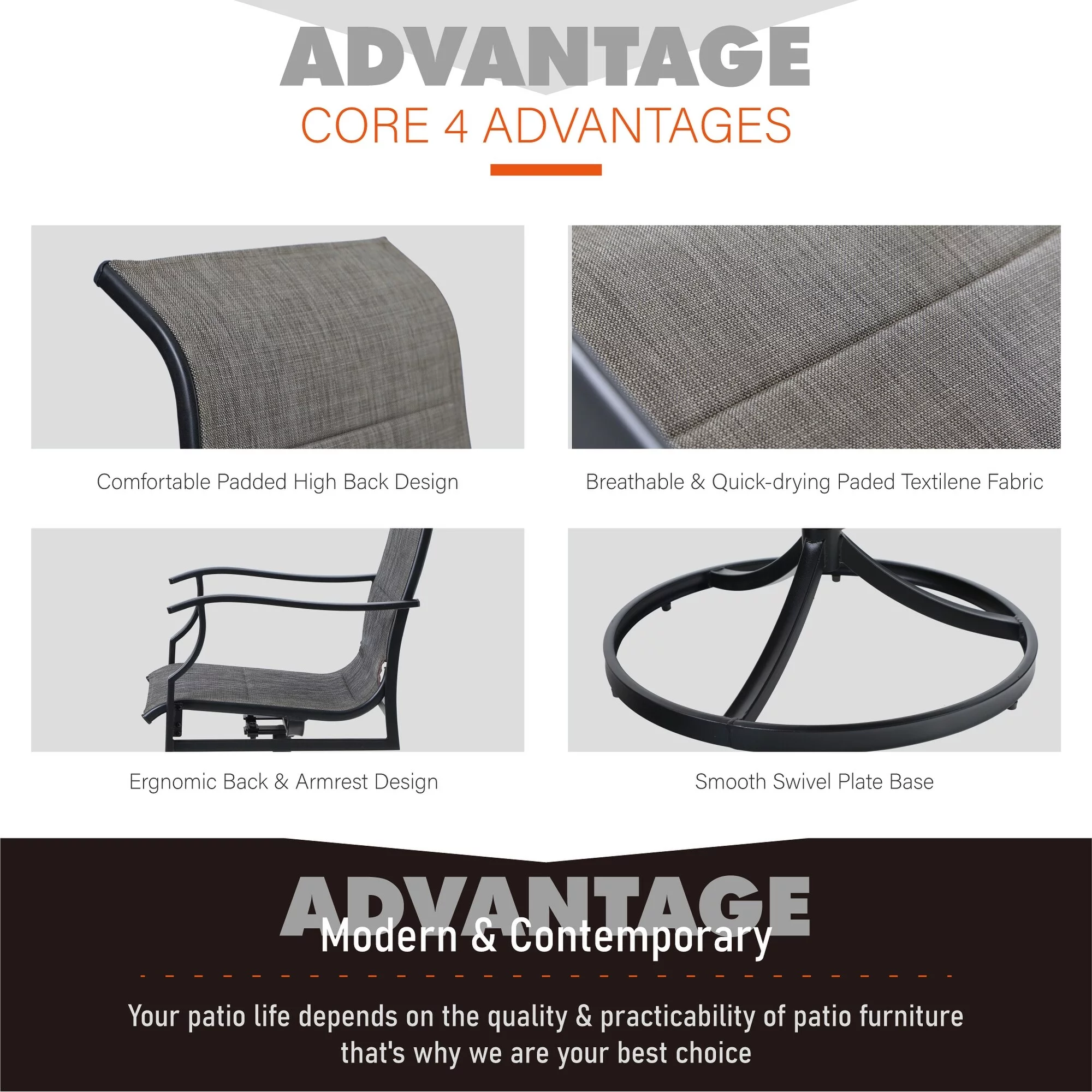 7-Piece Patio Dining Set Steel Rectangle Table & High-back Padded Textilene Chairs Swivel Chairs