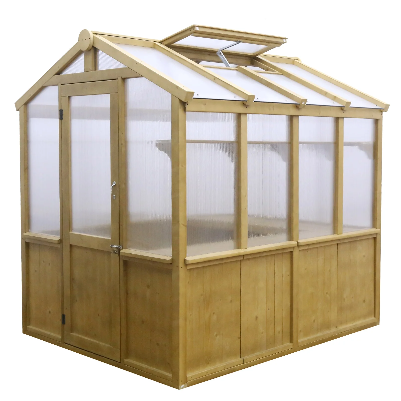 EAGLE PEAK 7.5x6.7x7.7 Wood and Polycarbonate Walk-in Greenhouse, Cedar Framed Hobby Greenhouse, Gardening Hot House with Roof Vent, Natural