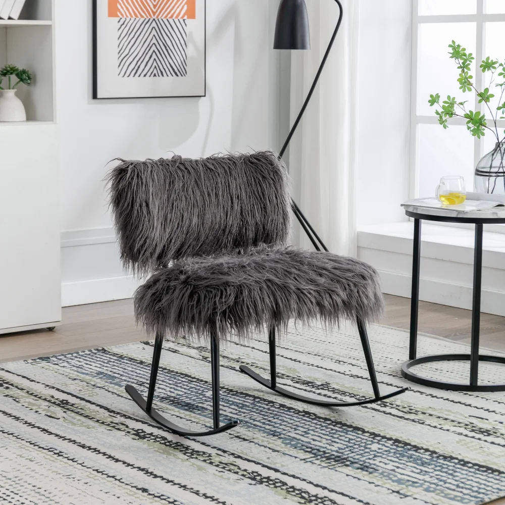 DeeHome 25.2'' Wide Faux Fur Plush Nursery Rocking Chair, Baby Nursing Chair with Metal Rocker, Fluffy Upholstered Glider Chair, Comfy Mid Century Modern Chair for Living Room, Bedroom (Gray)