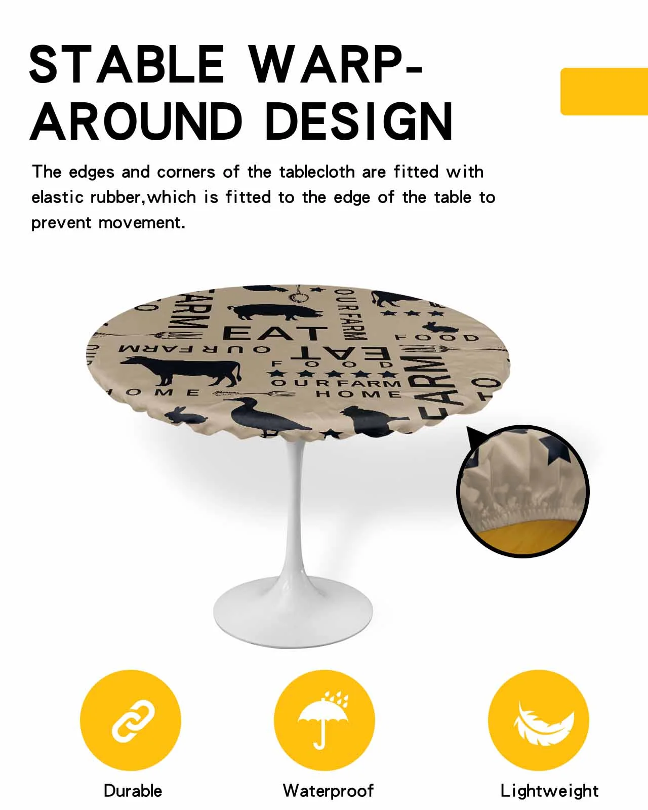 Farmhouse Brown Table Cloth, Round Fitted Tablecloths with Elastic Edge, Wipeable Waterproof Table Cover for Kitchen Wedding 36-44 Inches Farm Star Fork Pig Chicken Duck Bunny Cow