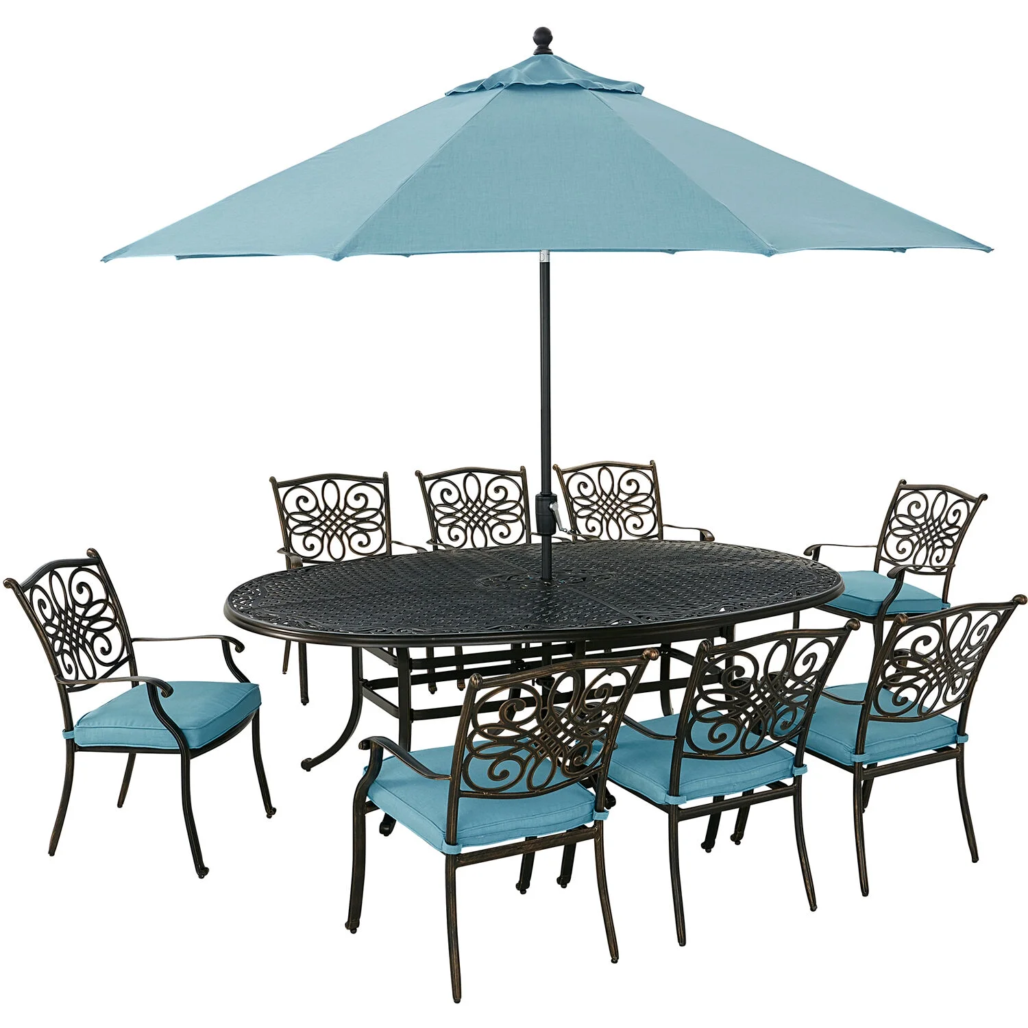 Hanover Traditions 9-Piece Aluminum Outdoor Dining Set with Umbrella, Blue