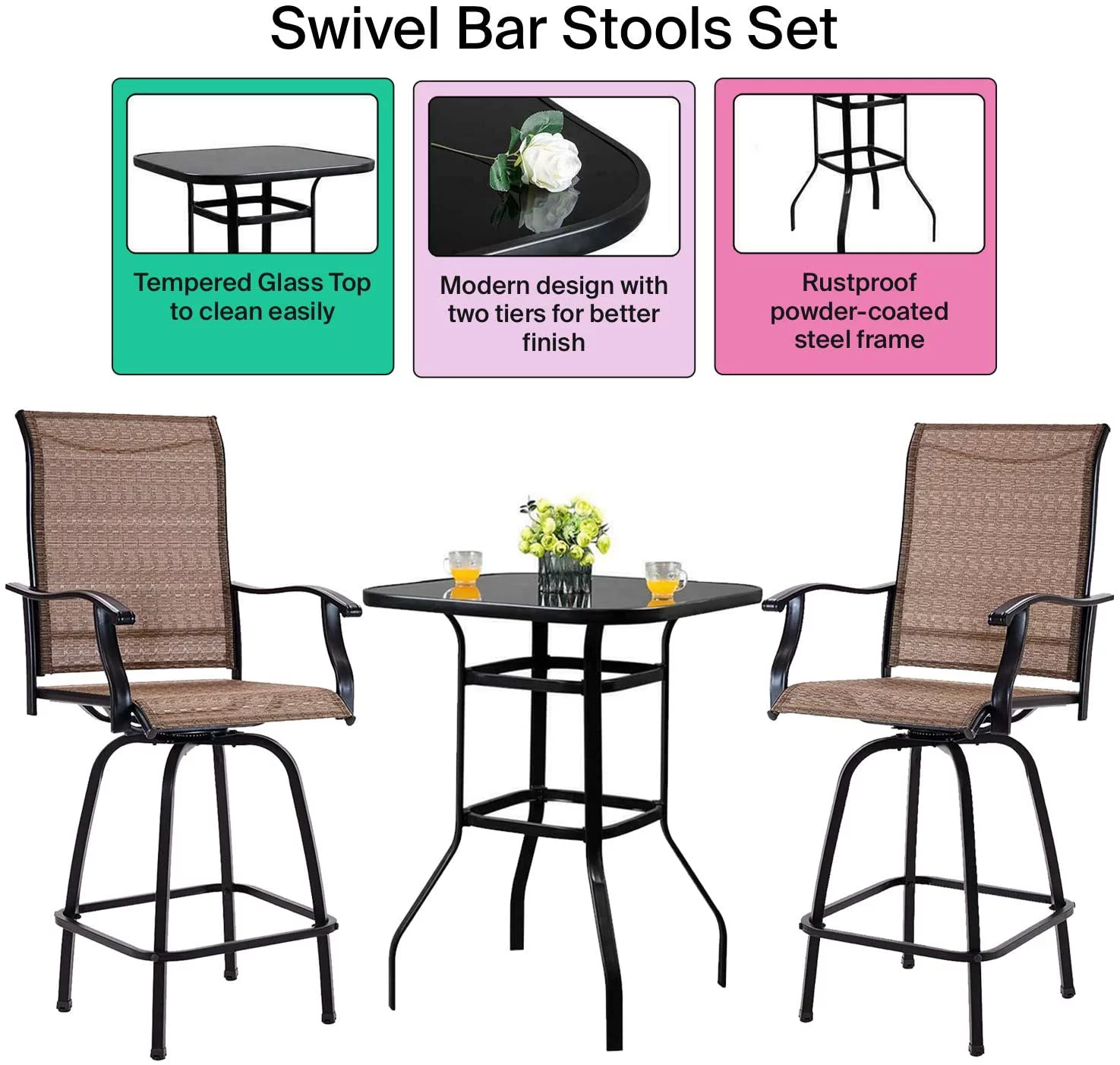Nikias 3 Peice High Swivel Bar Set – 2 Sturdy Chair And a High Squire Glass Table