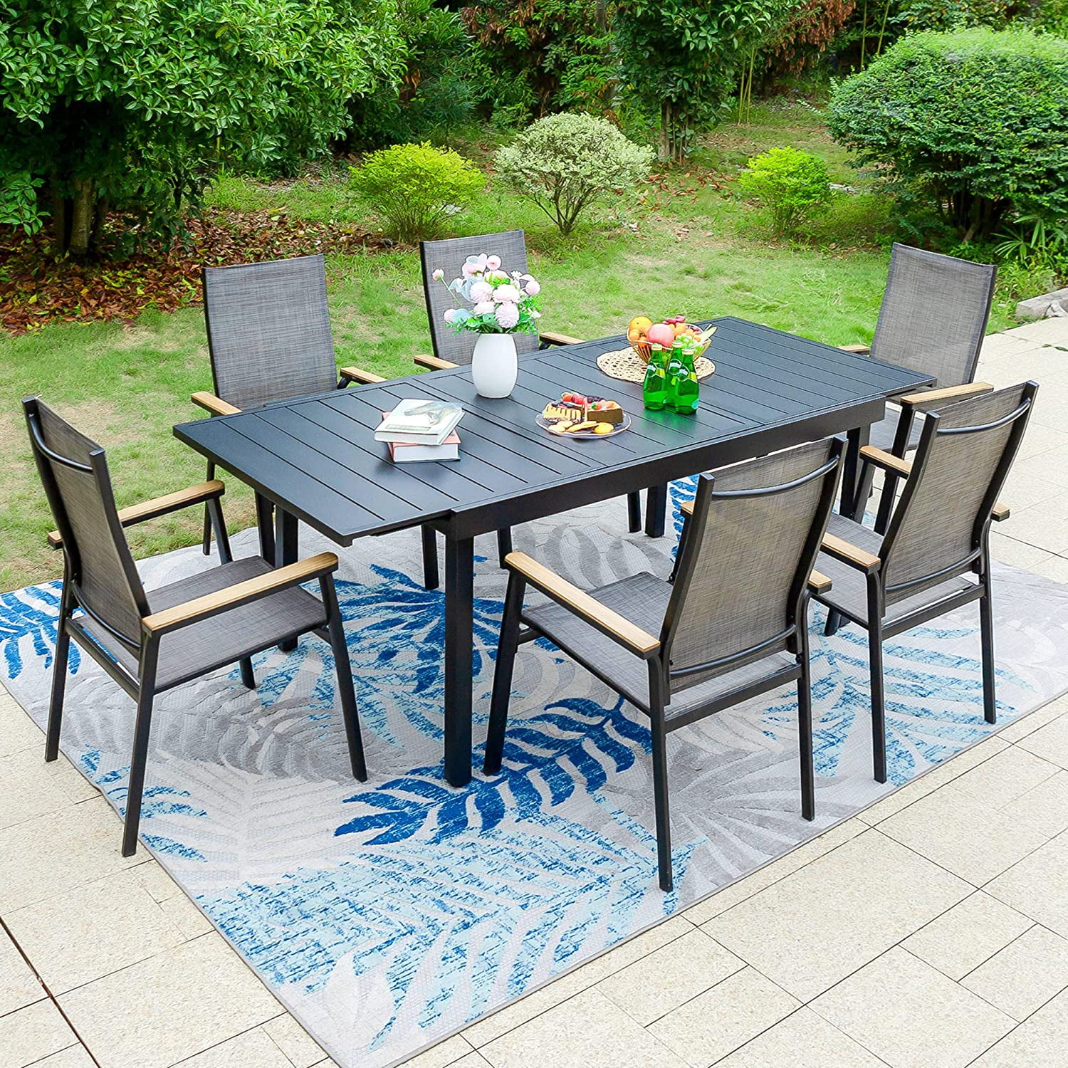 7 PCS Patio Dining Set with 6 Aluminum Sling Chair (Wooden Armrest) and 1 Wood-Like Top Table  Outdoor Furniture for 6