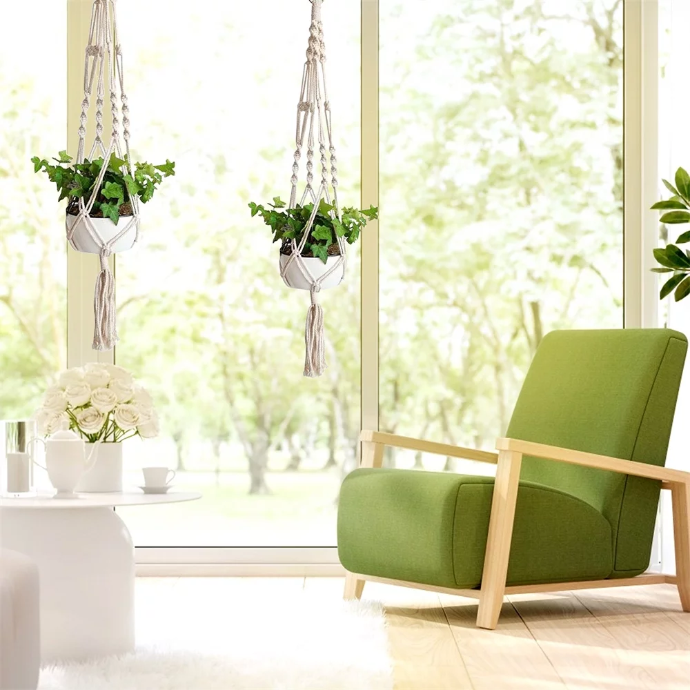 NGOFOEN Macrame Plant Hanger Flower Pot Holder Hanging Rope Basket,Beige Rope Plant Hanger.