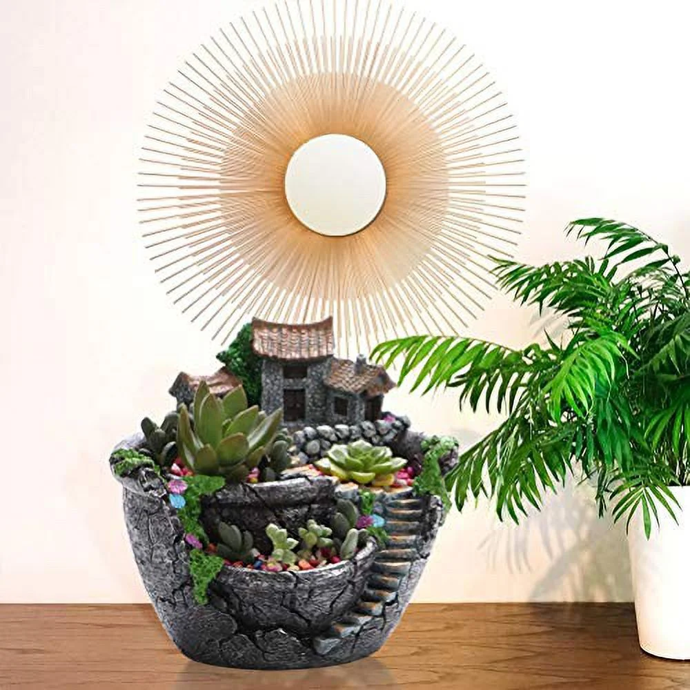 Creative Resin Plant Pot, Succulent Plant Pot with Sweet House, Mini Fairy Garden Micro Landscape Plant in Pot
