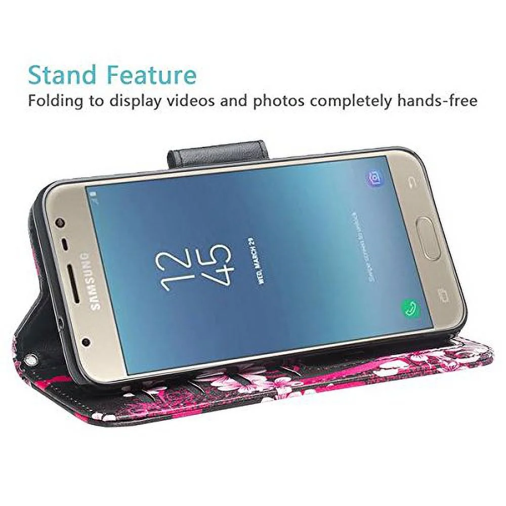 Samsung Galaxy J3 (2018),Galaxy J3 Achieve ,Galaxy J3 Star/Galaxy Express Prime 3 Wallet Case, PU Leather ID Cash Credit Card Slots Holder Carrying Folio Flip Cover & Kickstand - Hot Pink Heart