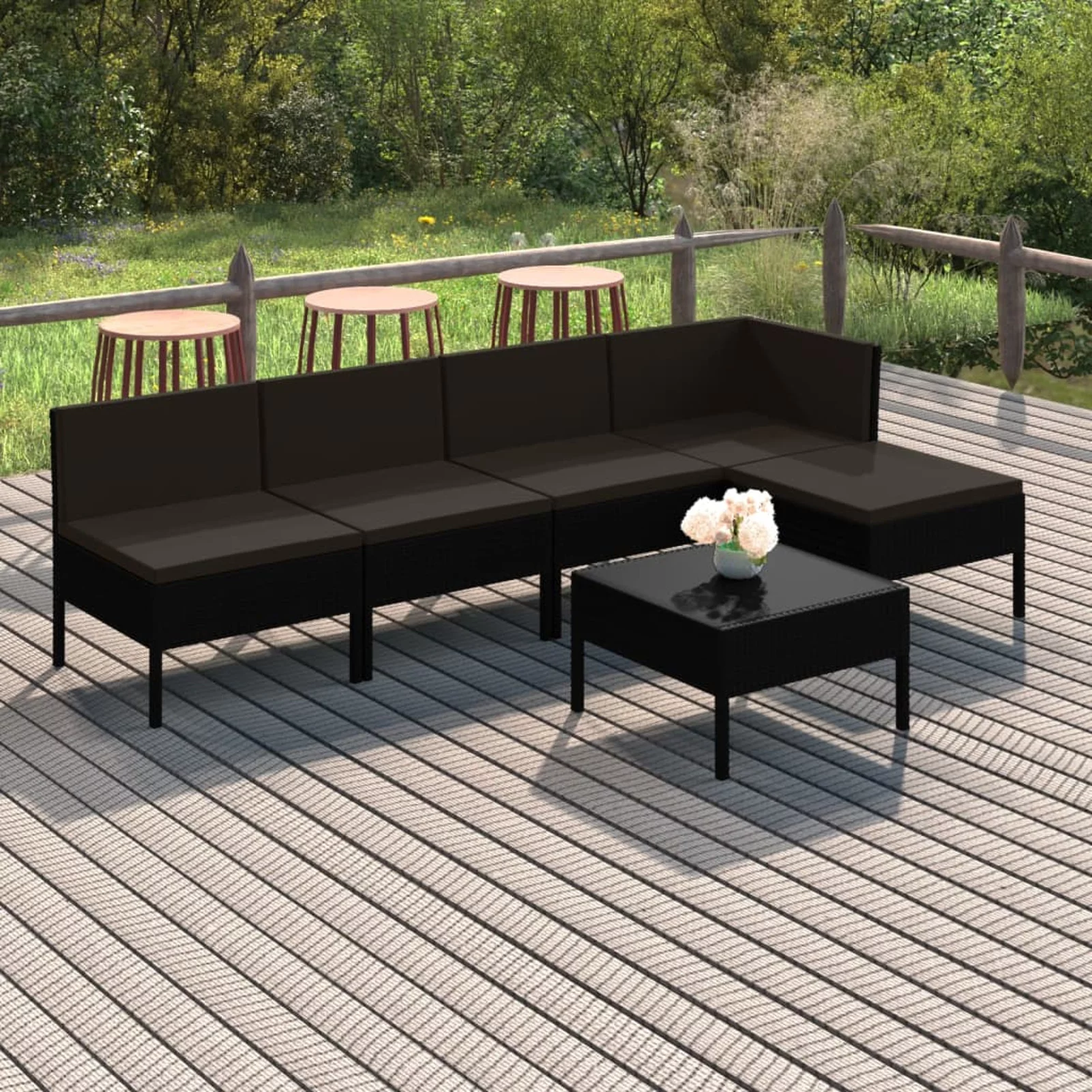 Anself 6 Piece Patio  Set with Cushions Poly Rattan Black  Conversation Set Sectional Sofa Set for Garden, Lawn, Courtyard, Balcony