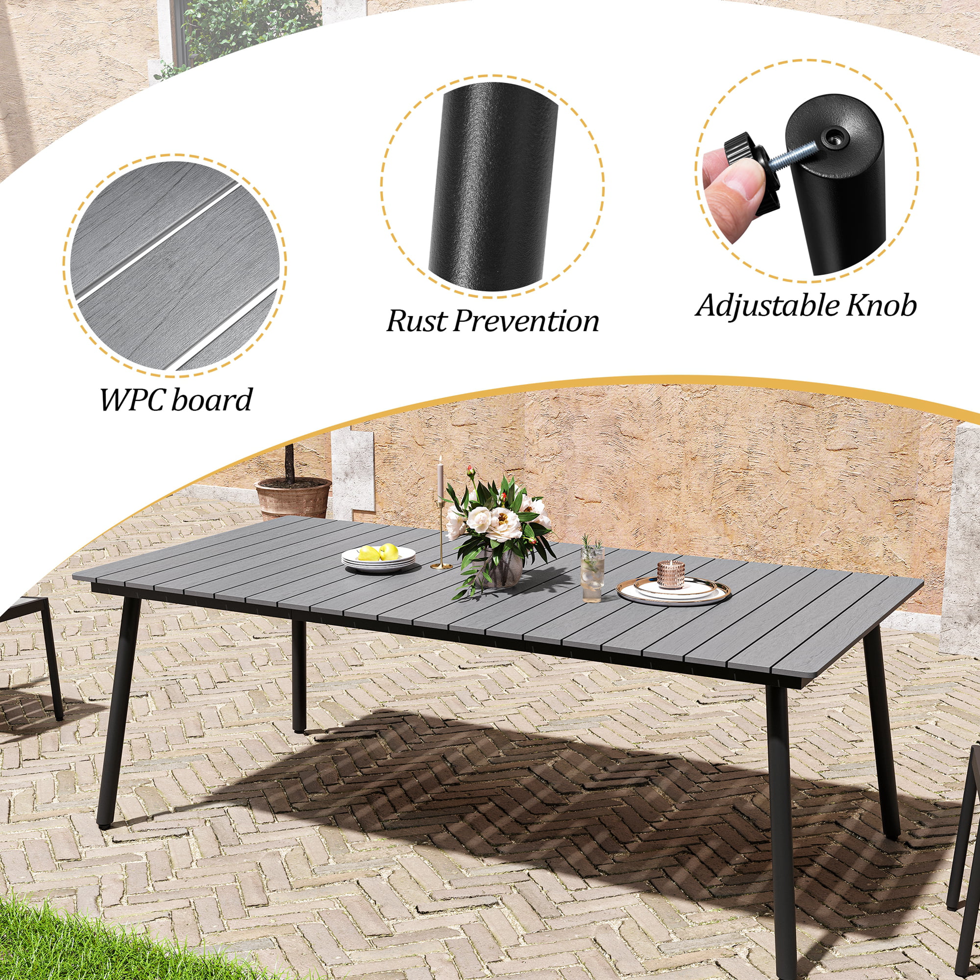 Pellebant 9 Pcs Gray Patio Set 8 Arm Chairs 1 Table with Umbrella Hole