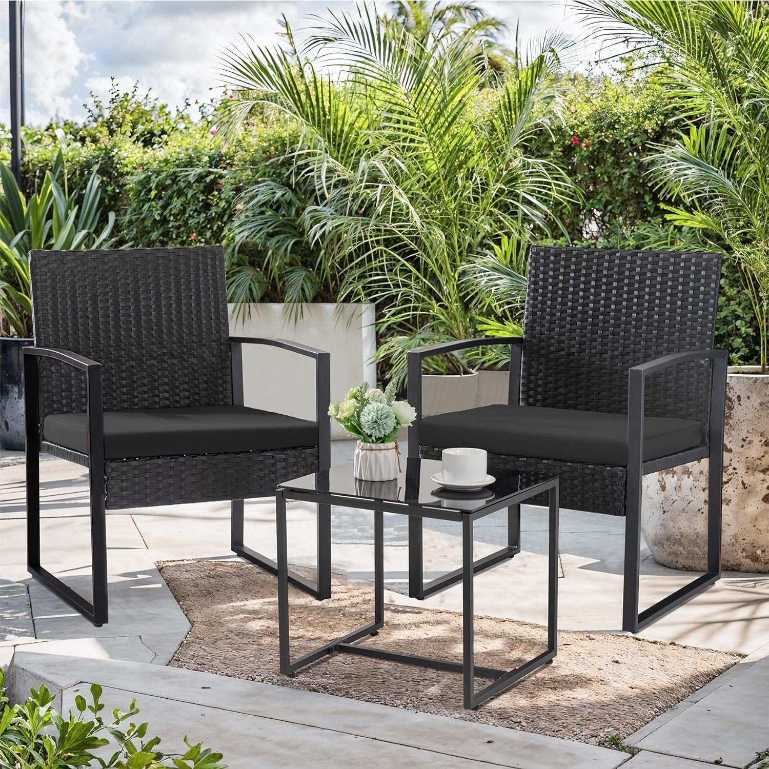 TQNJYGX Balcony 3 Piece  Table Garden Backyard Outdoor Patio Use Porch Chairs Cushioned PE Wicker  Rattan (Black)