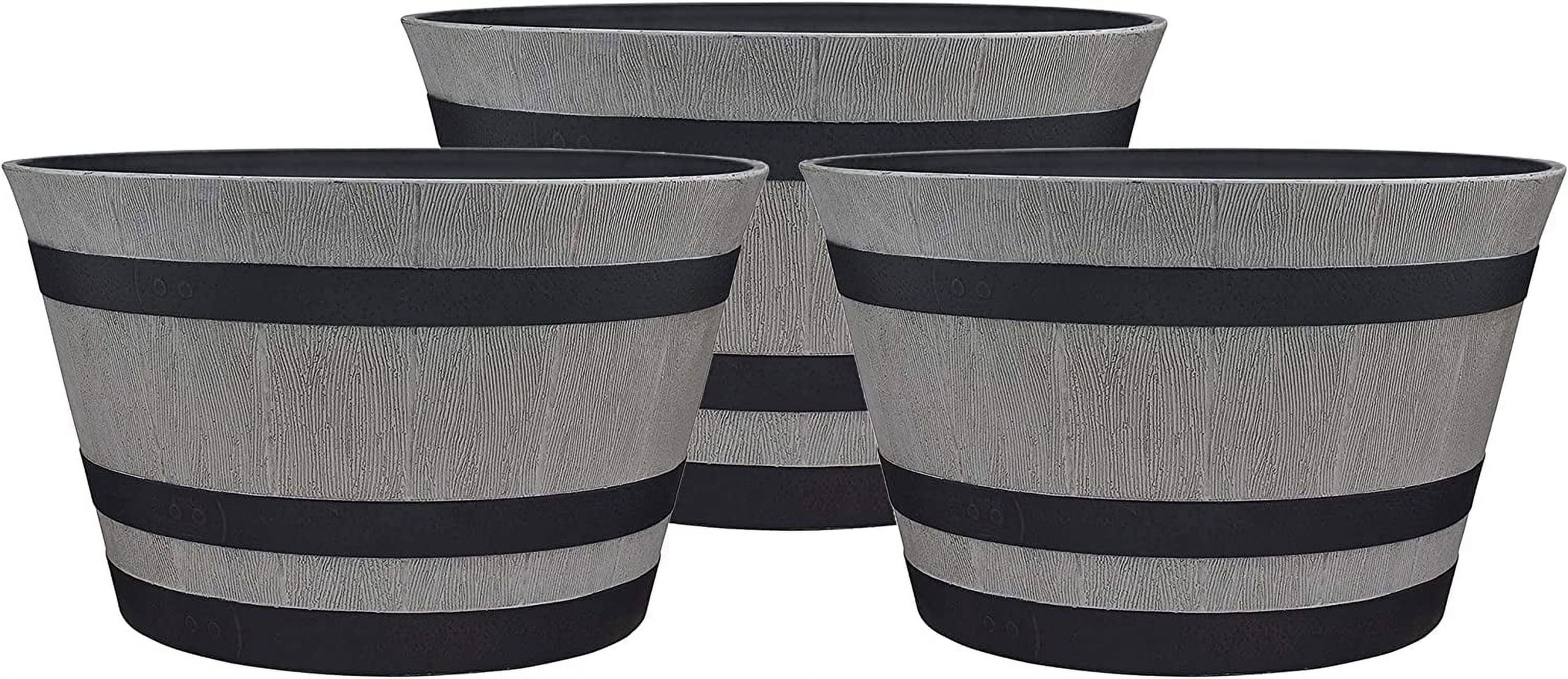 Patio HDR-055457 Resin Whiskey Barrel Indoor Outdoor Garden Planter Pot for Vegetables, Trees, Plants, and Flowers, Gray (3 Pack)